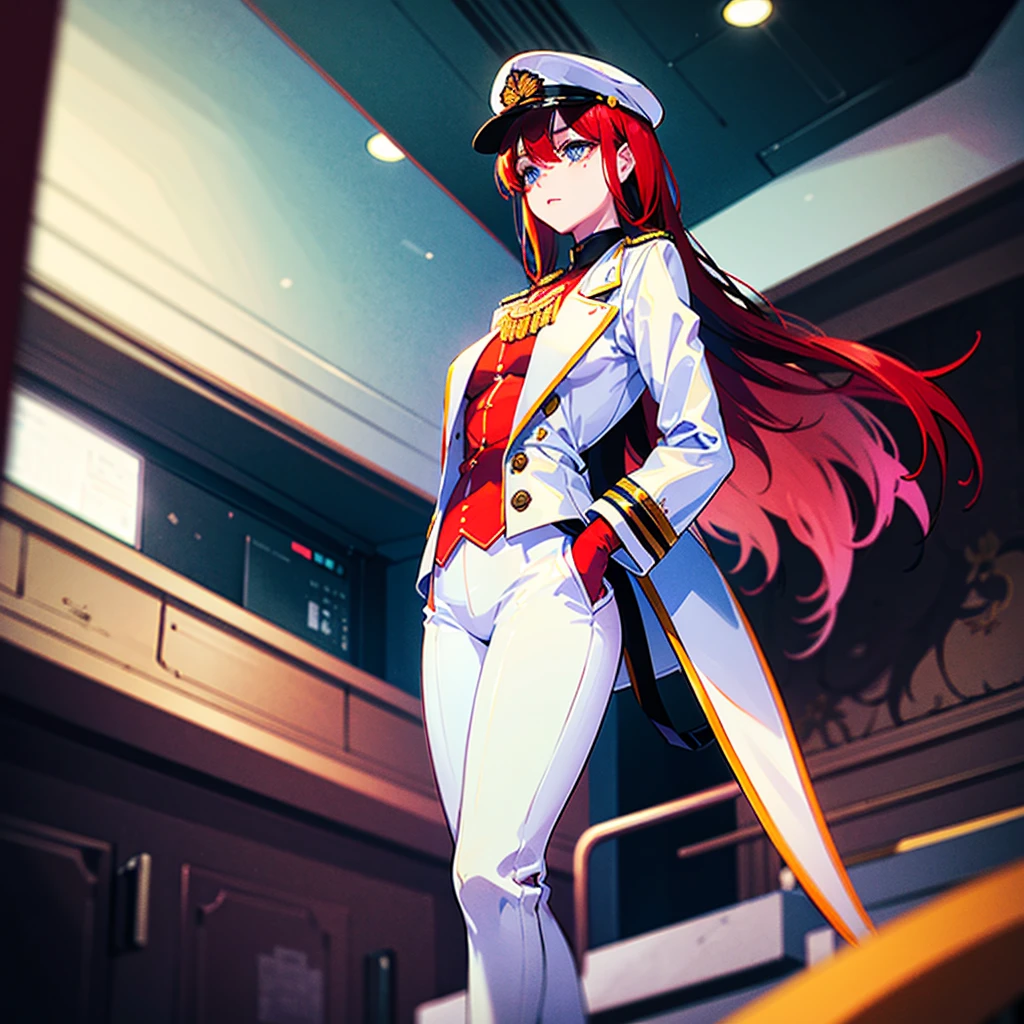 military form, White gloves, white jacket, white skirt, best quality, masterpiece, Highly detailed, illustration, absurdres, white military uniform, white uniform, white hat, standing, girls, standing at attention, multiple girls, Team Squad, expressionless, blank eyes, l, emotionless, corrution, mind control, female combatant, full body, hypnotized, unhappy trance, perfect female body, extremely glossy latex, belt, hypnosis, hypnoLora, empty eyes, Mind control device, thigh high, poses, submissive_pose, rubber bodysuit, nazi saluting, military, military saluting, salute, Bleach, Quincy, thighhighs, tight miniskirt, tie, from behind, Sarina Shizukume, Mahou Shoujo Site, red_hair, twintails, red_eyes, long_hair, brown_eyes