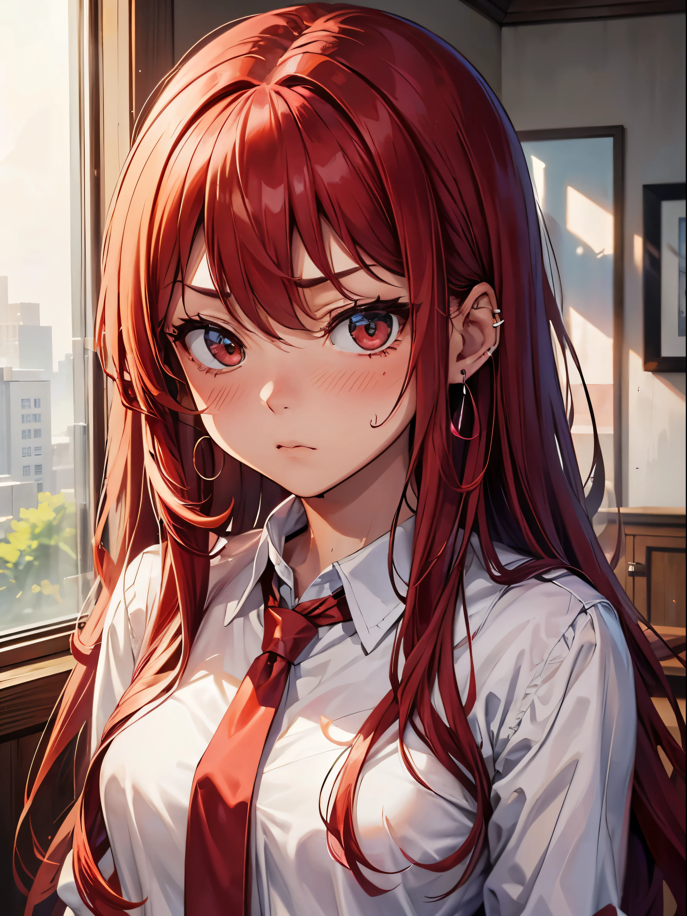 red hairs、Long hair、Bedroom、earringlushing:1.6), (sulking:1.3), Sweat on the cheekeautiful face), (Beautiful Girl), (Pretty girl), Innocent, Meet face to face clearly,white shirt、red necktie
