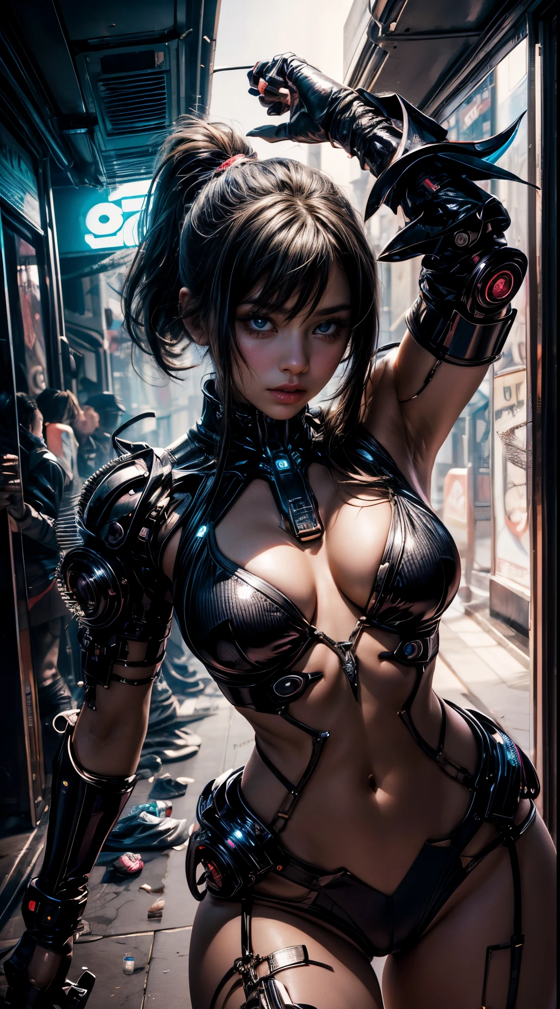 "futuristic android, Hajime Sorayama inspirado, Elegante ((cromo)) Superficie, reflexivo ((vidrio)), revestido de cuero, (futuristic) girlish, dynamic  pose, metallic gloss, ojos brillantes, ((aesthetic cyberpunk)).