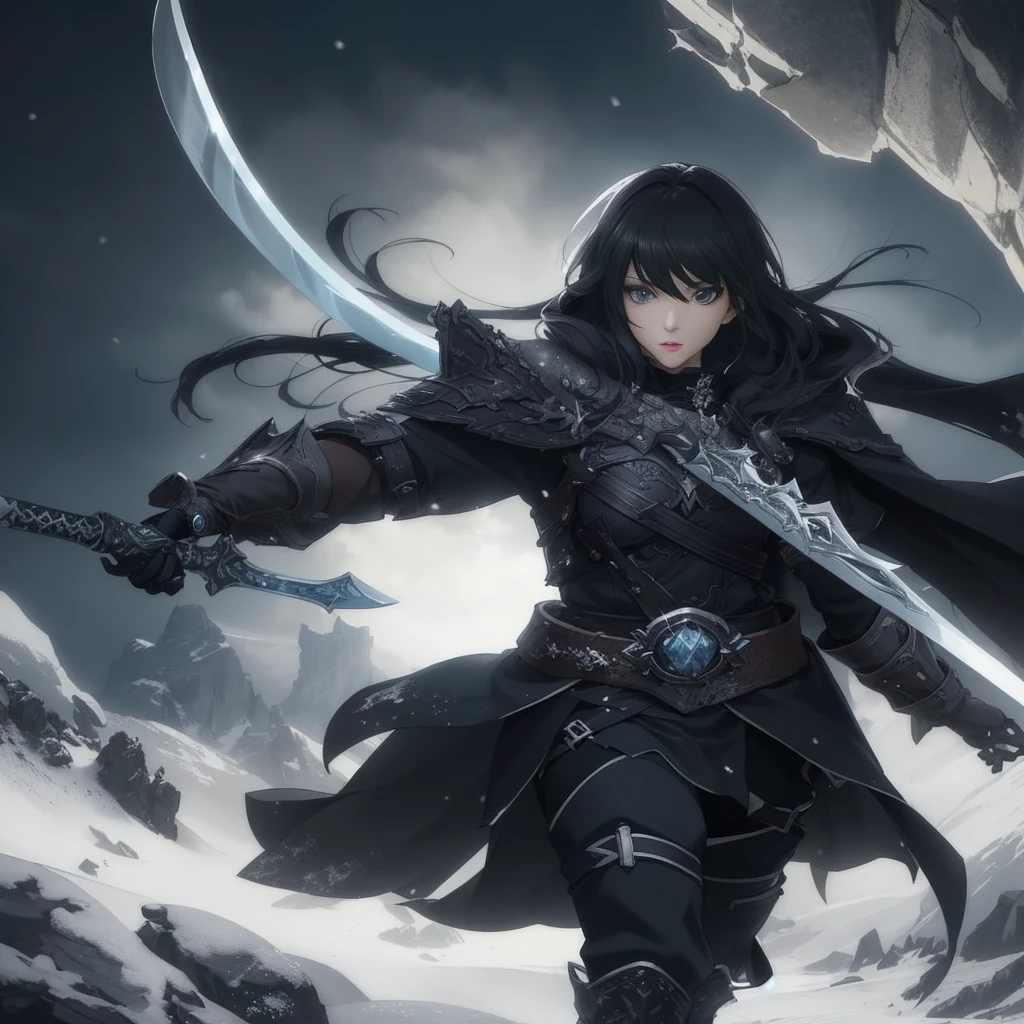Rough image of a woman holding a sword in a snowy area, epic exquisite character art, epic fantasy art style hd, 2. 5 d cgi anime fantasy artwork, epic fantasy digital art style, anime epic artwork, fantasy warrior, by Yang J, high quality fantasy art, beautiful fantasy anime, epic fantasy character art, anime fantasy artwork, dark fantasy style art