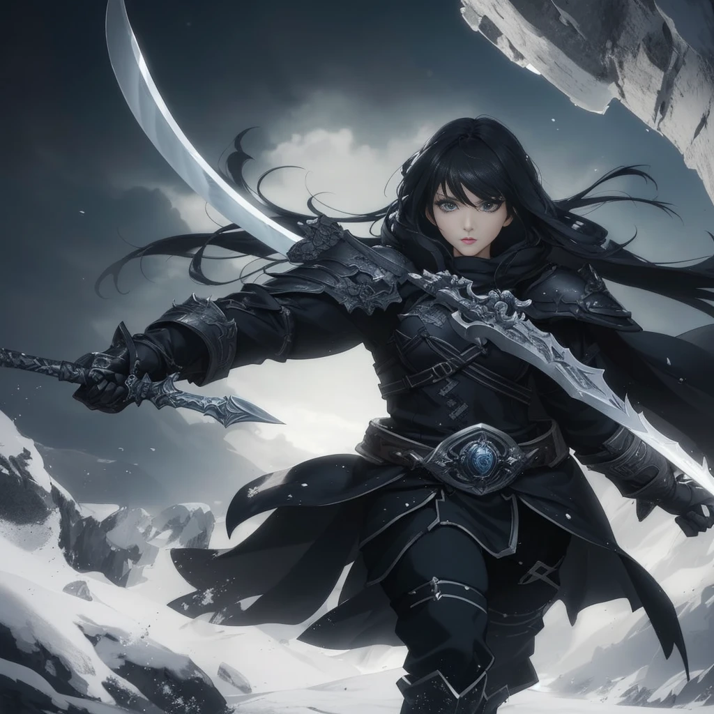 Rough image of a woman holding a sword in a snowy area, epic exquisite character art, epic fantasy art style hd, 2. 5 d cgi anime fantasy artwork, epic fantasy digital art style, anime epic artwork, fantasy warrior, by Yang J, high quality fantasy art, beautiful fantasy anime, epic fantasy character art, anime fantasy artwork, dark fantasy style art