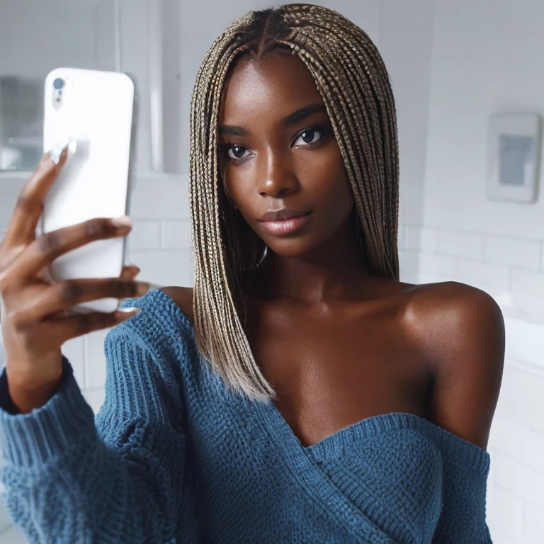 a beautiful black girl taking a selfie in her (( white simplistic bathroom)) with an Iphone wearing a blue knitted one side top ,((trendy fashion top)) detailed pupils and big brown eyes, she has long thin straight blonde braids ,16k.high res ,photorealistic