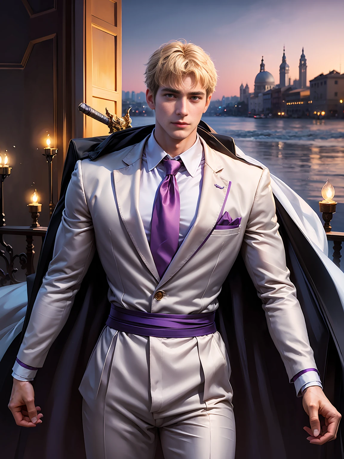 anime.Constantine the Great, Roman Emperor Constantine the Great resurrected in modern times。34 years old。one adult male。Long body。broad shoulder。thick neck。eyes like a lion。Bright and sharp eyes。Looking here。Sincere and kind。Kind and reliable。Deal with it sternly if necessary.。talented and hardworking businessman。successful gentleman。careerist。he is wearing a high quality white suit。dark purple tie。Light purple shirt。forceful。An overwhelming sense of control。romance novel hero。Bold composition。look up to。lyrical。Dramatic。heartful。Romantic。opulent。elegan。elegance。Venice background in the sunset。​masterpiece。top-quality。Super beautiful。The ultra -The high-definition。detaileds。exquisite。