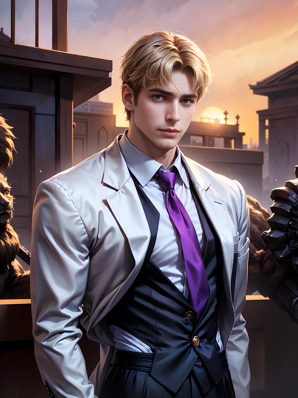 anime.Constantine the Great, Roman Emperor Constantine the Great resurrected in modern times。34 years old。one adult male。Long body。broad shoulder。thick neck。eyes like a lion。Bright and sharp eyes。Looking here。Sincere and kind。Kind and reliable。Deal with it sternly if necessary.。talented and hardworking businessman。successful gentleman。careerist。he is wearing a high quality white suit。dark purple tie。Light purple shirt。forceful。An overwhelming sense of control。romance novel hero。Bold composition。look up to。lyrical。Dramatic。heartful。Romantic。opulent。elegan。elegance。Venice background in the sunset。masterpiece。top-quality。Super beautiful。The ultra -The high-definition。detaileds。exquisite。