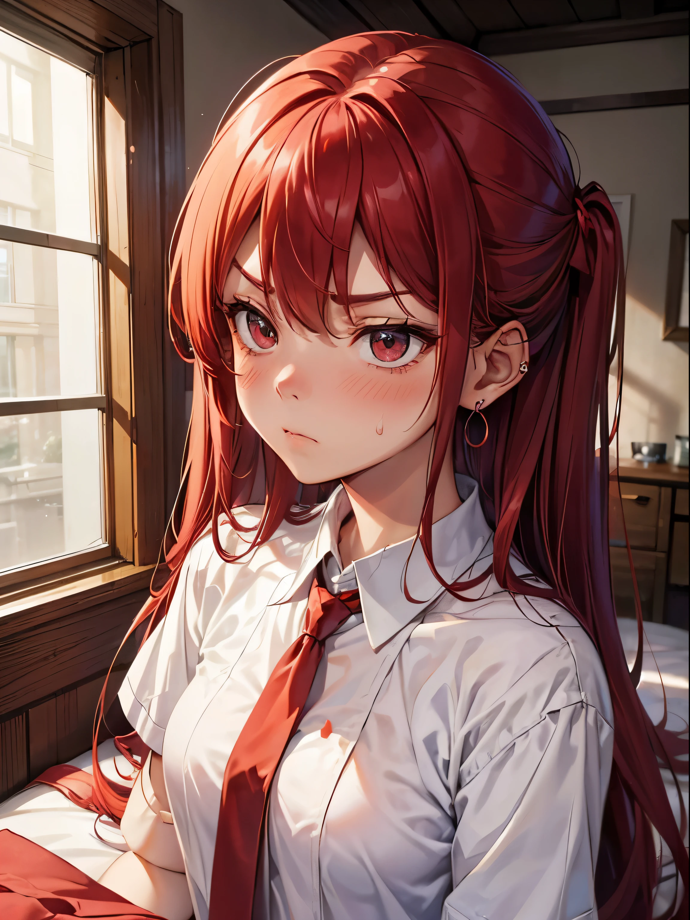 red hairs、Long hair、Bedroom、earringlushing:1.6), (sulking:1.3), Sweat on the cheekeautiful face), (Beautiful Girl), (Pretty girl), Innocent, Meet face to face clearly,white shirt、red necktie