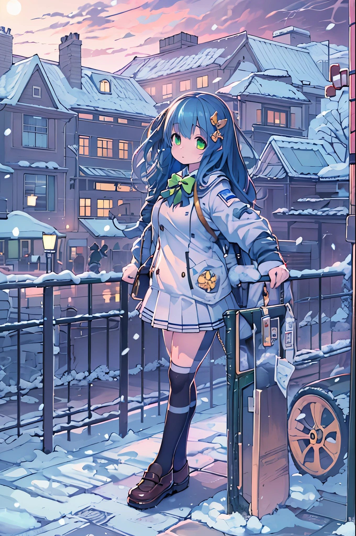 Best Quality,超A high resolution,1girl in,Solo,Full body,Snow,city,, Blue hair,Green eyes,nffsw,School uniform,bbw、Night