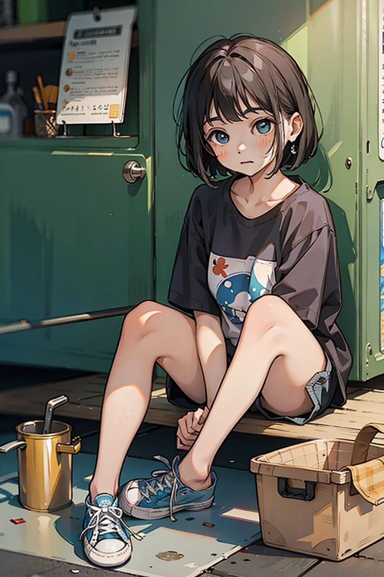 best quality, masterpiece, cutepainting, girl, short hair, shirt, shorts, shoes, grace sitting, full body