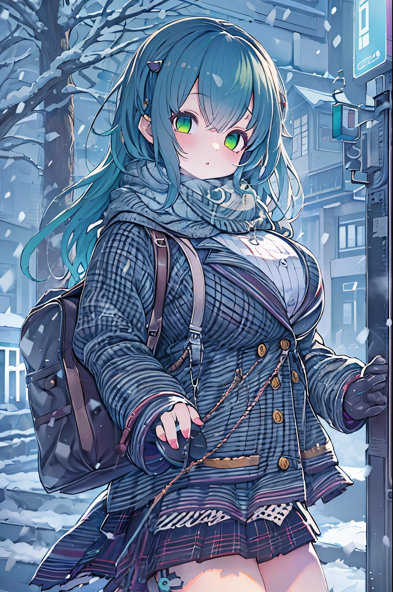 Best Quality,超A high resolution,1girl in,Solo,Full body,Snow,city,, Blue hair,Green eyes,nffsw,School uniform,bbw、Night