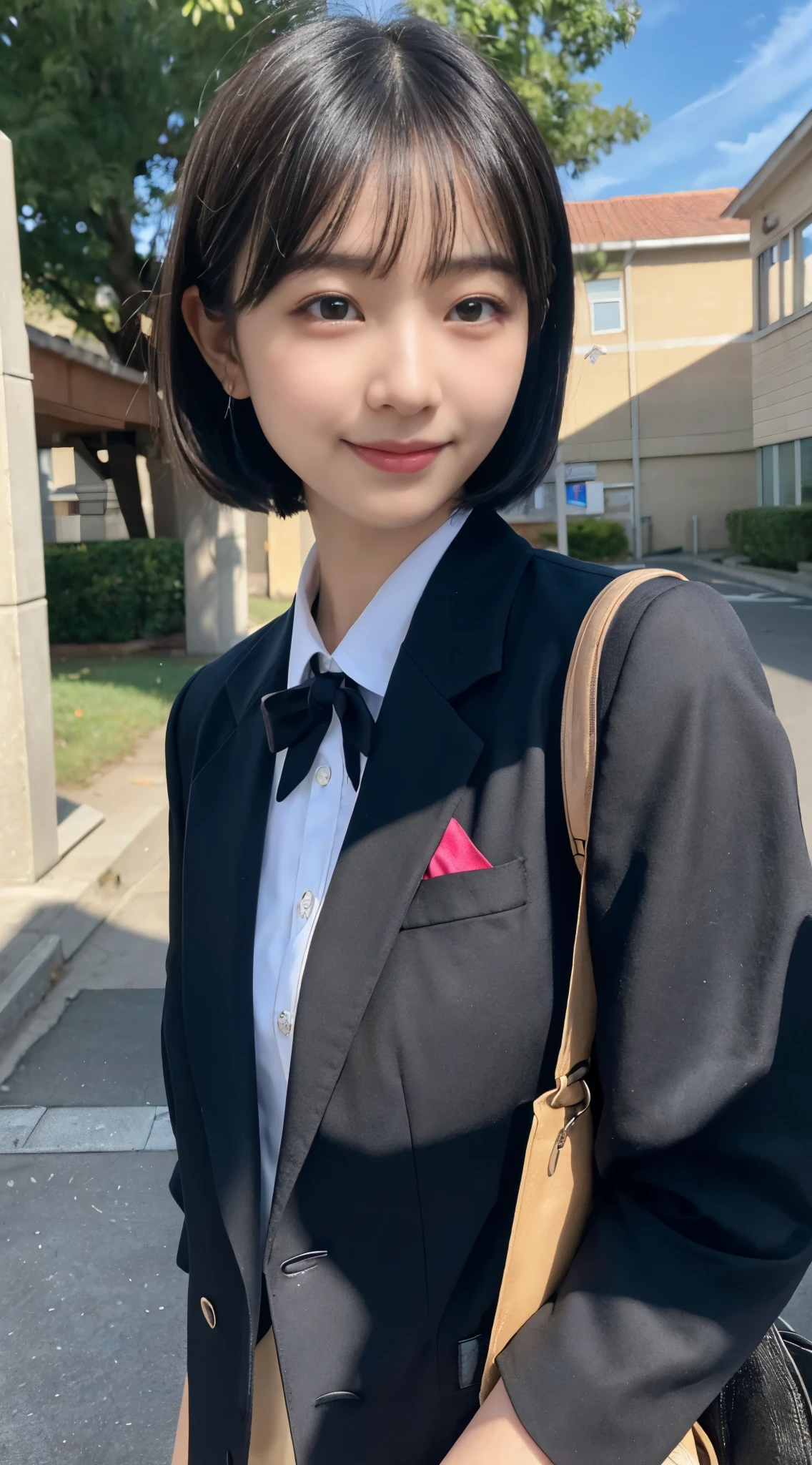 (top-quality,8K picture quality,masterpiece:1.3),(超A high resolution,Photorealsitic:1.4,Raw photography),(ultra-detailliert,Caustics,Detailed background),(Ultra-realistic capture,Beautifully detailed skin,perfect anatomia),at the sunset,Sunset sky,school buildings,school ground,18year old,kawaii,Single eyelid,Black hair short bob,School Blazer Uniform,Looking at the camera,A smile,Bust-up shot,natural soft light
