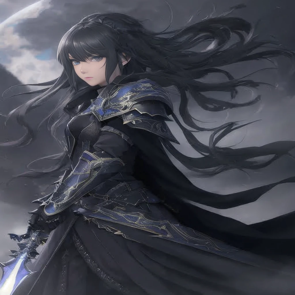 A woman with long black hair and a sword in her hand, epic exquisite character art, Anime art wallpaper 8k, Stunning character art, beautiful fantasy anime, black - haired mage, Portrait of a female anime hero, by Jin Homura, Gothic Maiden anime girl, anime fantasy artwork, anime art wallpaper 4k, anime art wallpaper 4k, detailed anime character art