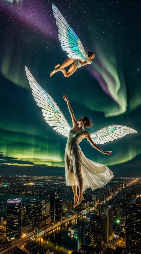 An ethereal woman floating above an ancient, overgrown city, her translucent wings made of shards of stained glass reflecting refracted light from a sky filled with dancing auroras and celestial phenomena.