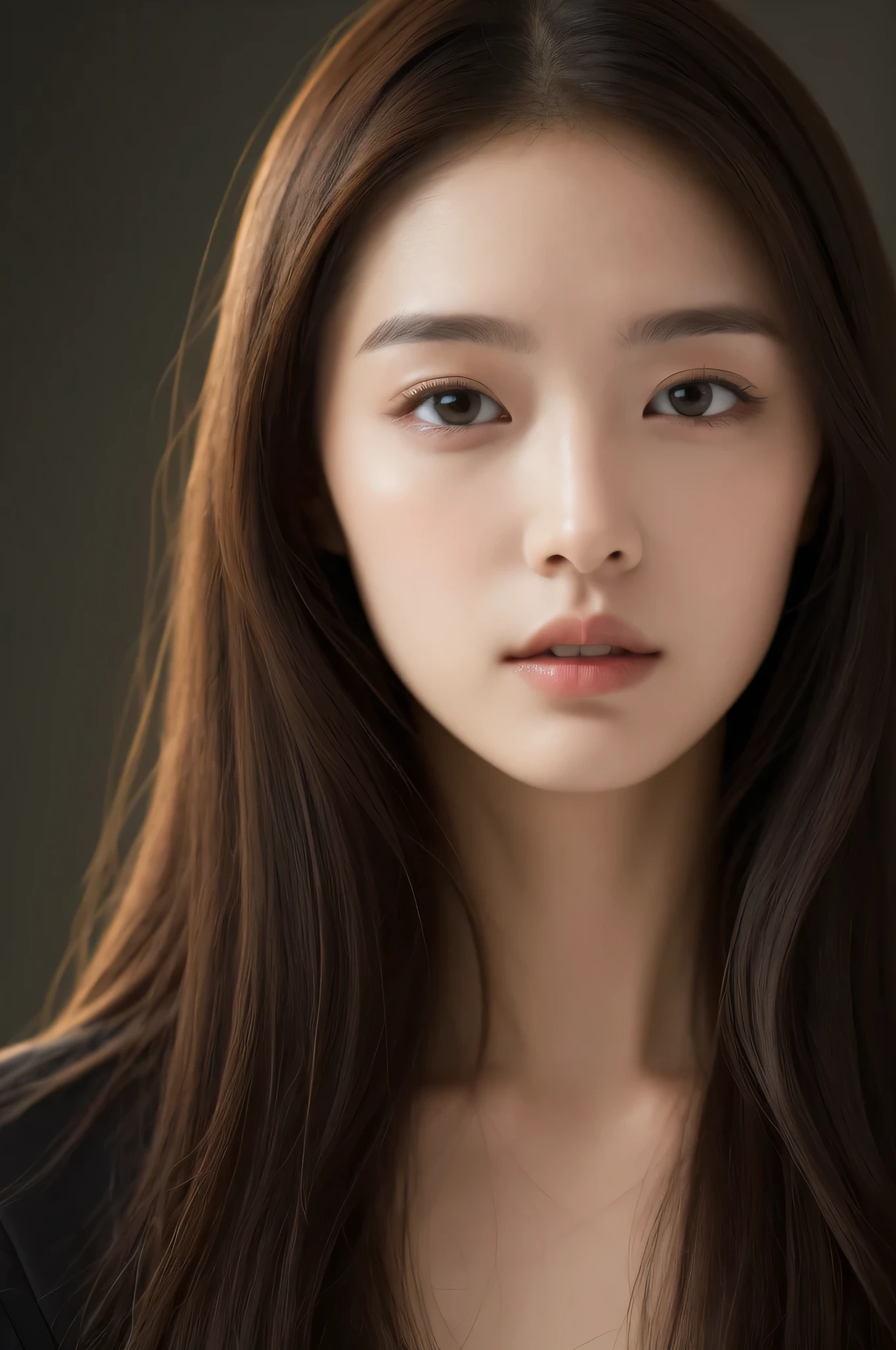 Best quality at best, realistically, ultra - detailed, Detailed pubic hair, A high resolution, 8k wallpaper, 35 year old skinny beauty,light brown messy hair, Wear a dark suit, lock focus, Perfect dynamic composition, beautidful eyes, Delicate hair, 细致realistically的皮肤纹理, Cool emoticons, closeup portrait, Model body type