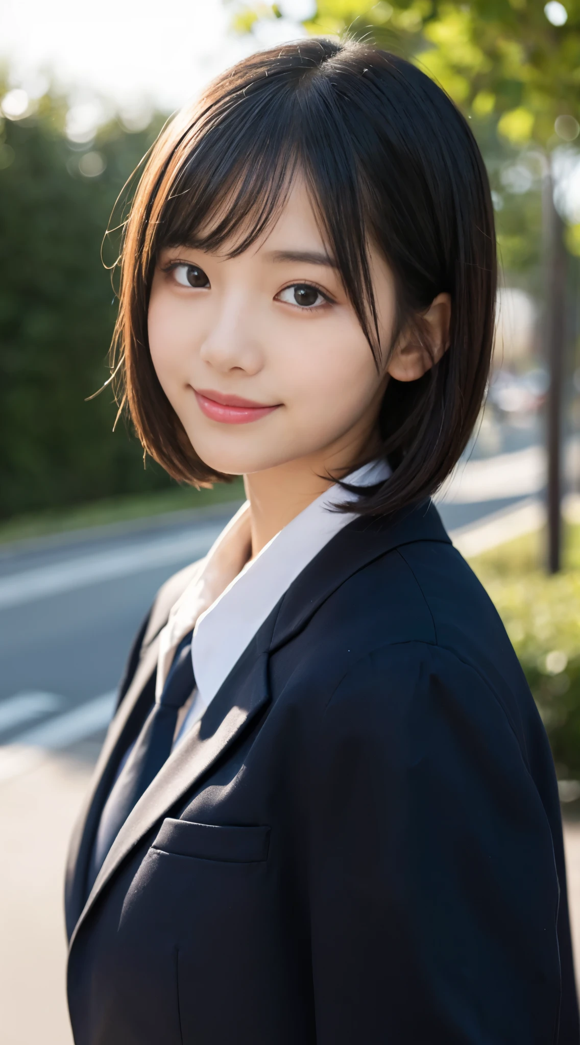 (top-quality,8K picture quality,masterpiece:1.3),(超A high resolution,Photorealsitic:1.4,Raw photography),(ultra-detailliert,Caustics,Detailed background),(Ultra-realistic capture,Beautifully detailed skin,perfect anatomia),at the sunset,Sunset sky,school buildings,school ground,18year old,kawaii,Single eyelid,Black hair short bob,School Blazer Uniform,Looking at the camera,A smile,Bust-up shot,natural soft light