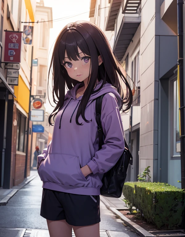 masutepiece, Best Quality, {Best Quality}, {{masutepiece}}, {hight resolution}, Illustration, 1girl in, Inoue Takina, bob katan, Black hair, (Purple eyes:1.2), blush, Blue Hoodie,shortpants,The hood is worn over the new era.,I have my hands in my pockets,White knee-high socks,Short boots,chewing bubble gum,making a gum balloon with his mouth,Leaning against the wall,Looking at Viewer,In the street