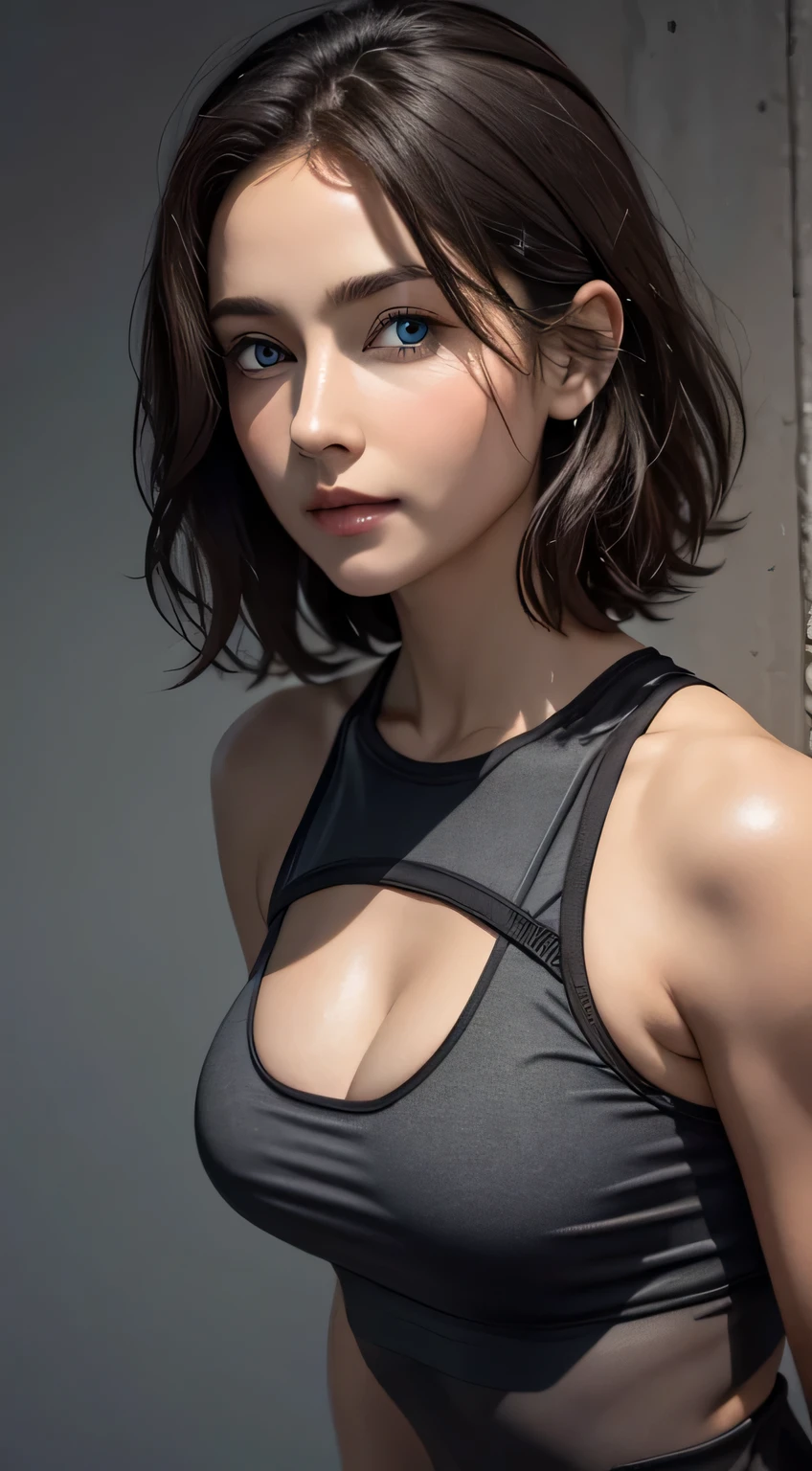 Looking at viewer, cinematic lighting, Perfect fit, soft light, High resolution skin:1.2, realistic skin texture, body tired from sports、30 years old mature woman、small face、no makeup、Makeup is light、short cut hair、dark brown hair、Bust B Cup、small breasts same、 Revealed cleavage、off shoulder、sports bra、leggings、full nude、gray background