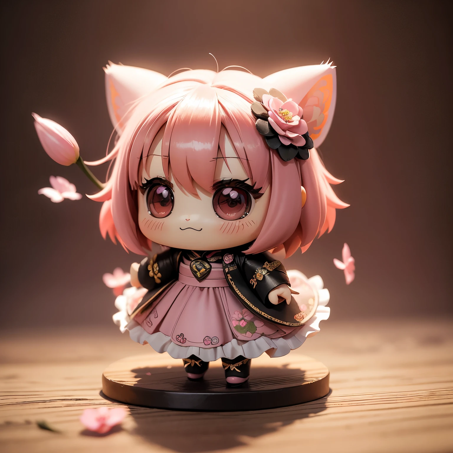 ​masterpiece、top-quality、ultra-detailliert、(Chibi Chara's Daughter:1.3)pink hair swaying in the wind,pink paper flower dress,detail portrayal,pink tulip wreath,background of pink,a smile,Full-body standing figure,Lucky day,Vibrant colors,dim lighting