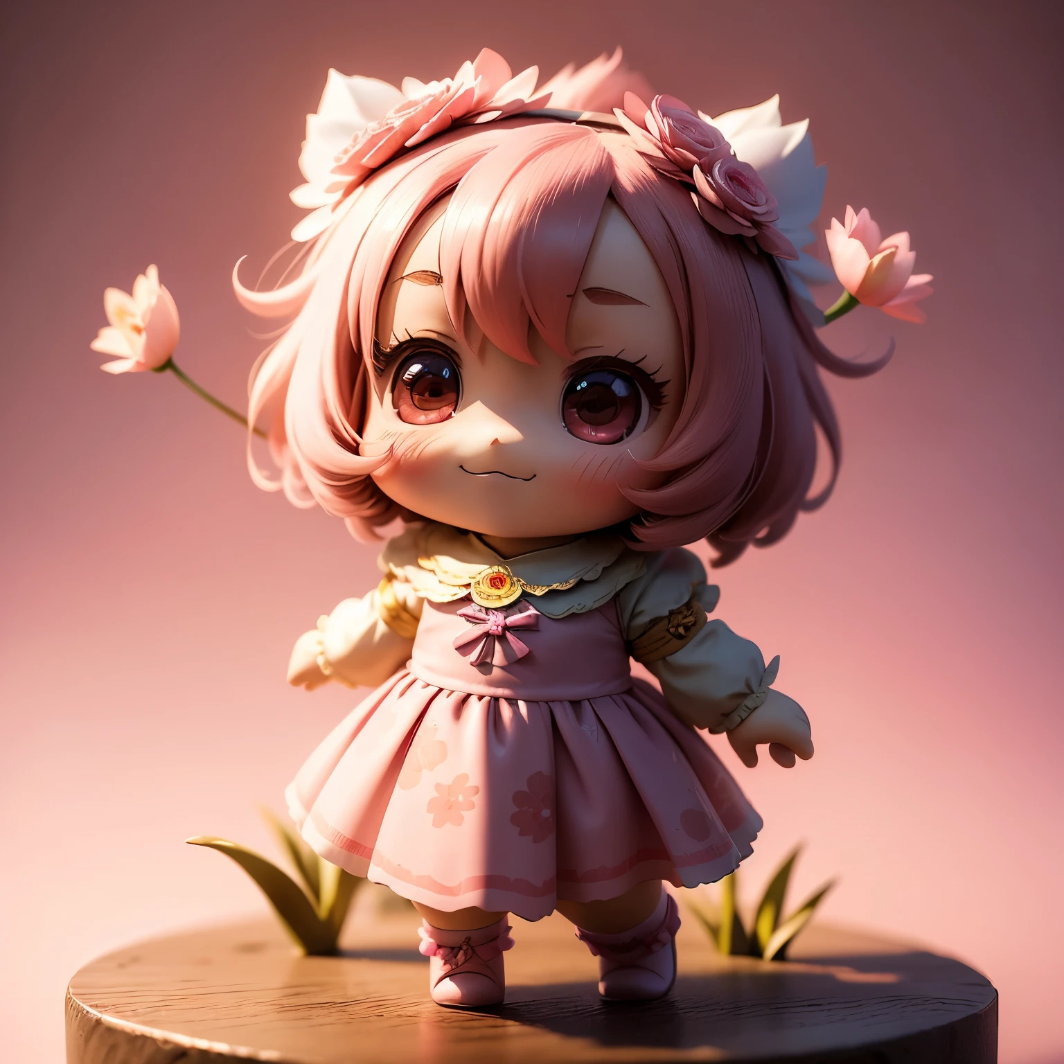 ​masterpiece、top-quality、ultra-detailliert、(Chibi Chara's Daughter:1.3)pink hair swaying in the wind,pink paper flower dress,detail portrayal,pink tulip wreath,background of pink,a smile,Full-body standing figure,Lucky day,Vibrant colors,dim lighting
