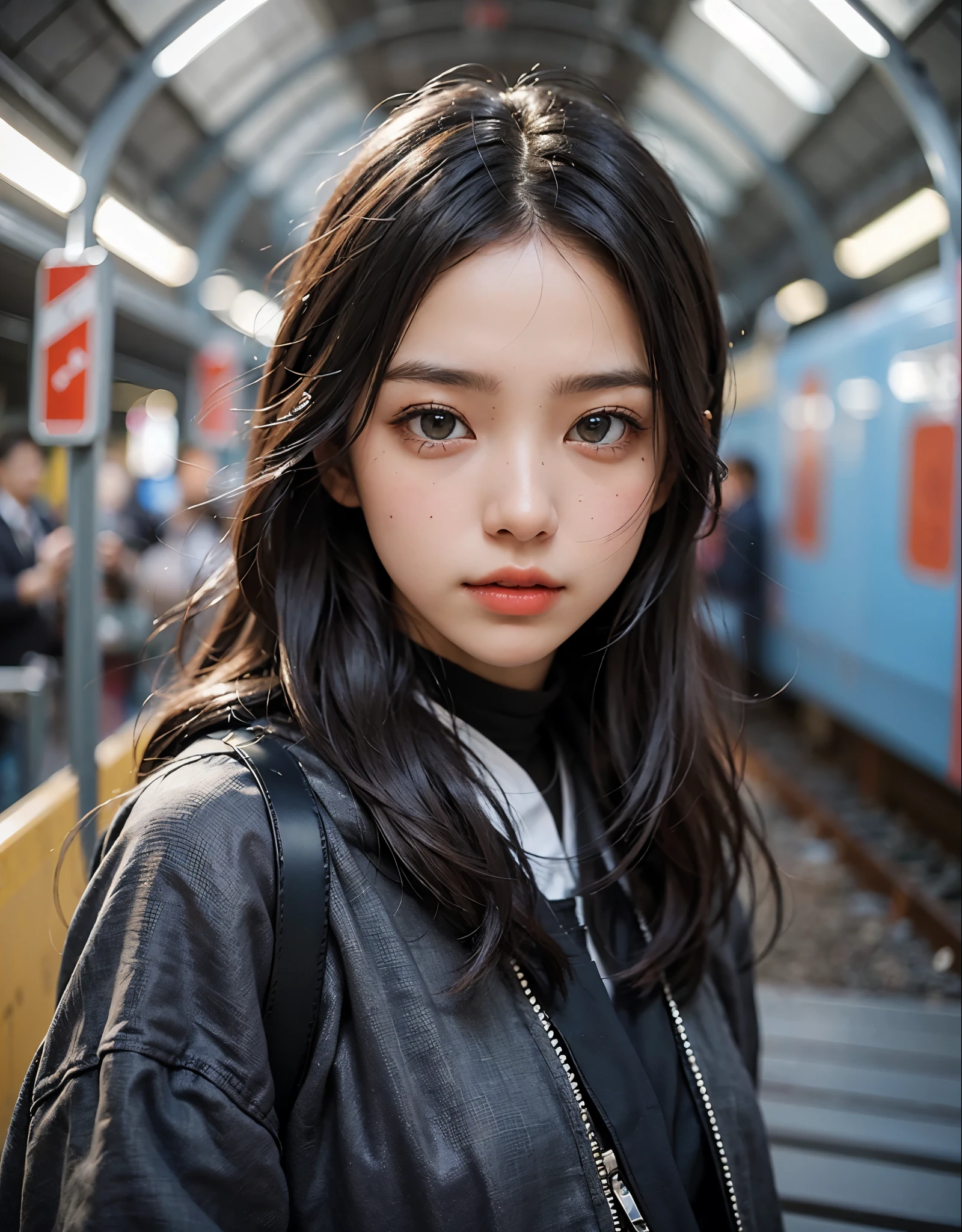 (((woman standing on the train platform)))、Train platform bound for the opposite side across the tracks、beautiful eyes and face、An ultra-high picture quality、8k、Smart Body、High Style、About 24 years old、Detailed eyes、Detailed skin、