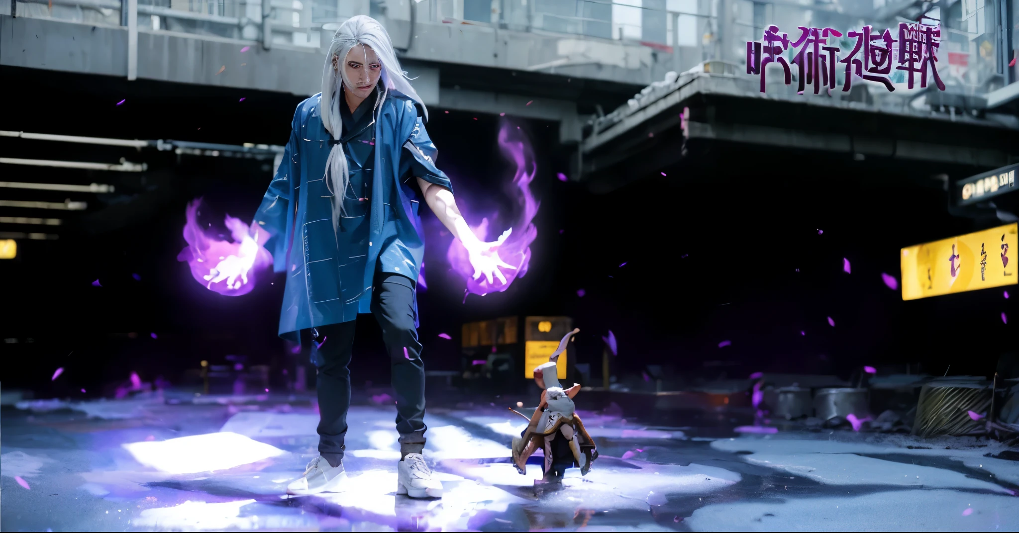 ((Mahito_JUJUTSU NO KAISEN)),((realistic, photorealistic)),(highlight hair)), Light reflection, (( HD )),((upper body)), (((best quality, masterpiece))), (masterpiece) (best quality) (detail) (8k) (HDR) (wallpaper) (cinematic lighting) (sharp focuasterpiece, best quality: 1.1), 1men solo, Mahito A man with a stitched face, white hair, Shibuya subway terminal background, monster hands,Hands emit purple flames, glow hands,shadow,Purple fire in hand,Tail hair,White hair, hair is not split in half
