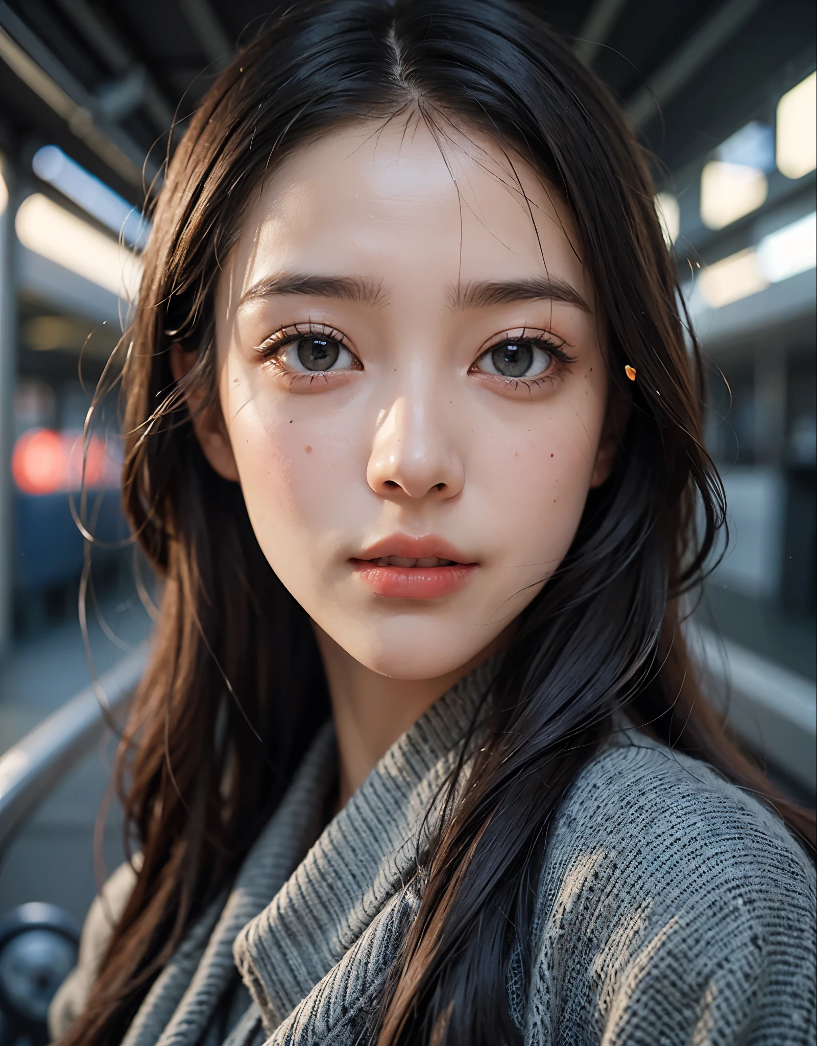 (((woman standing on the train platform)))、Train platform bound for the opposite side across the tracks、beautiful eyes and face、An ultra-high picture quality、8k、Smart Body、High Style、About 24 years old、Detailed eyes、Detailed skin、