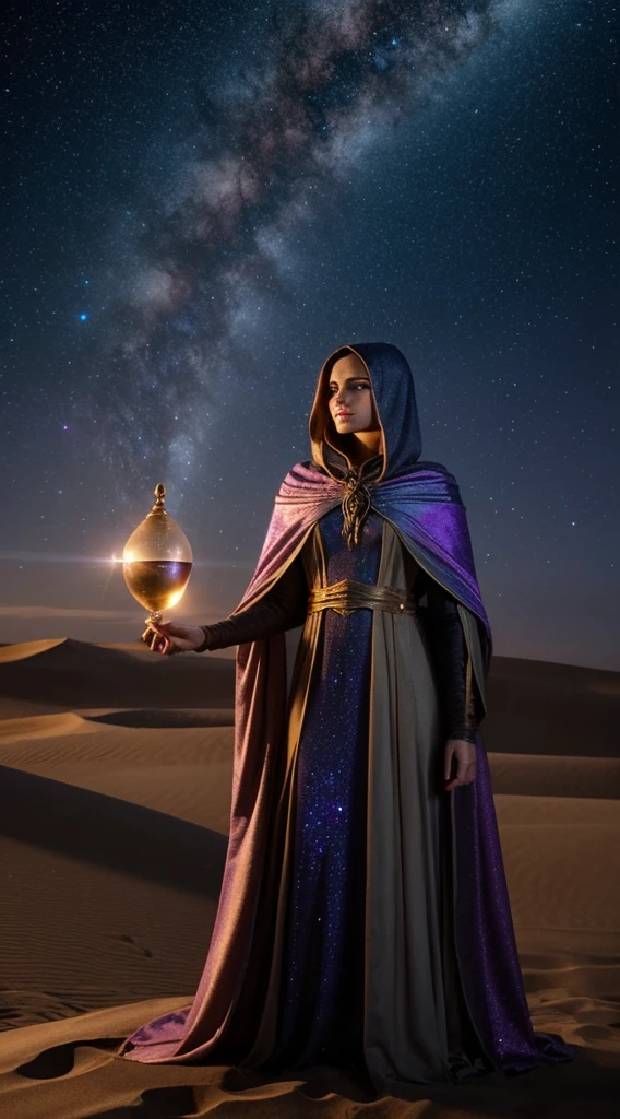 A time-traveling enchantress draped in a cloak that shimmers with the cosmos' timeline, holding an hourglass filled not with sand but with stardust, standing at the edge of a temporal rift with reality bending around her.