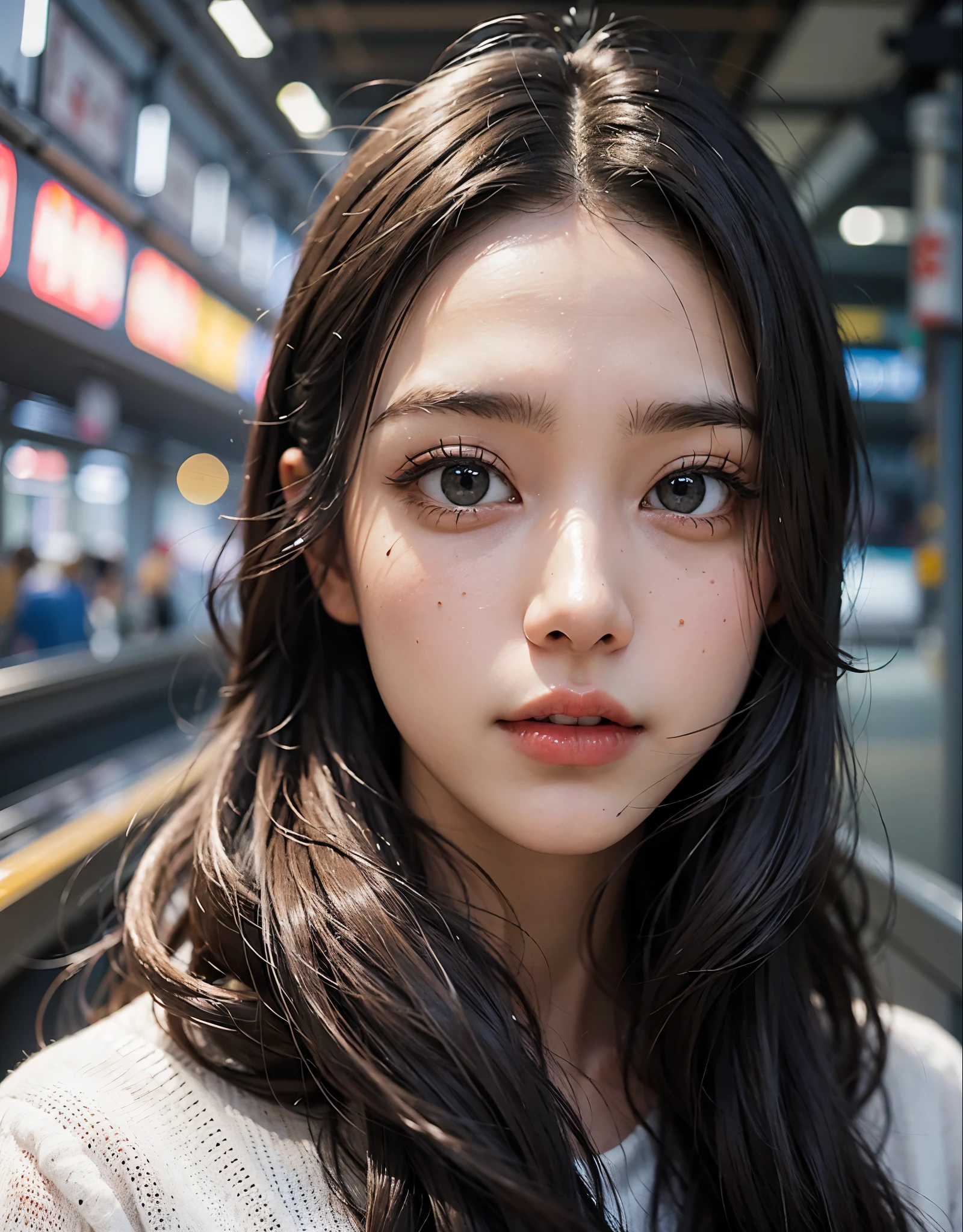 (((woman standing on the train platform)))、Train platform bound for the opposite side across the tracks、beautiful eyes and face、An ultra-high picture quality、8k、Smart Body、High Style、About 24 years old、Detailed eyes、Detailed skin、