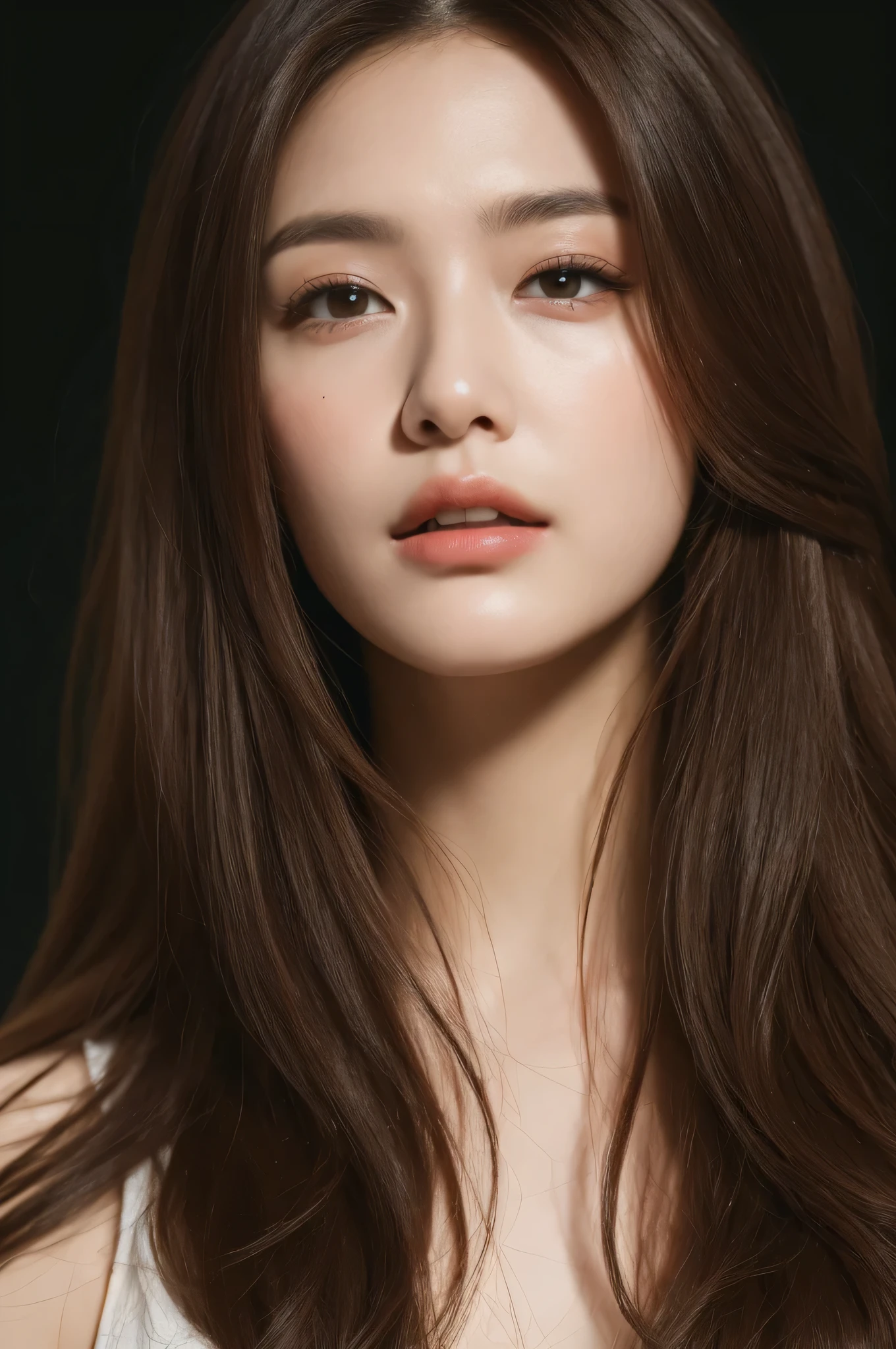 Best quality at best, realistically, ultra - detailed, Detailed pubic hair, A high resolution, 8k wallpaper, 35 year old skinny beauty,light brown messy hair, Wear a dark suit, lock focus, Perfect dynamic composition, beautidful eyes, Delicate hair, 细致realistically的皮肤纹理, Cool emoticons, closeup portrait, Model body type
