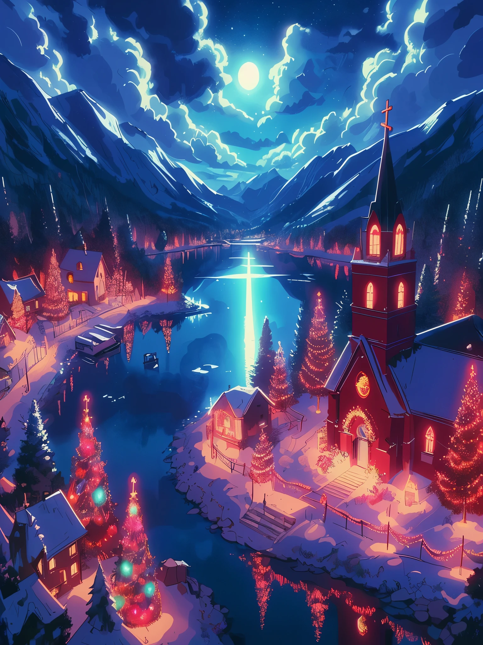 Draw anime 16mm scene of drone view of christmas decoration in red color church, night, magical, lake, reflection, cloudy wide open sky, ambient dim light, vibrant colors, peaceful, natural color tones, cloudy sky, beautiful color palette, vibrant saturated colors, masterpiece, no human