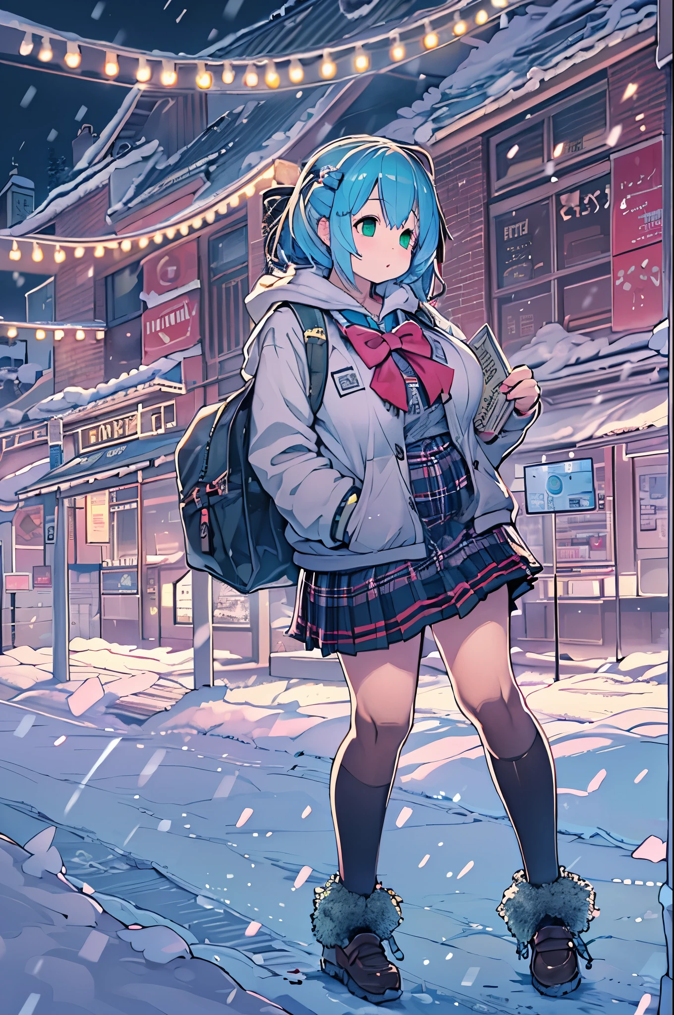 Best Quality,超A high resolution,1girl in,Solo,Full body,Snow,city,, Blue hair,Green eyes,nffsw,School uniform,bbw、Night