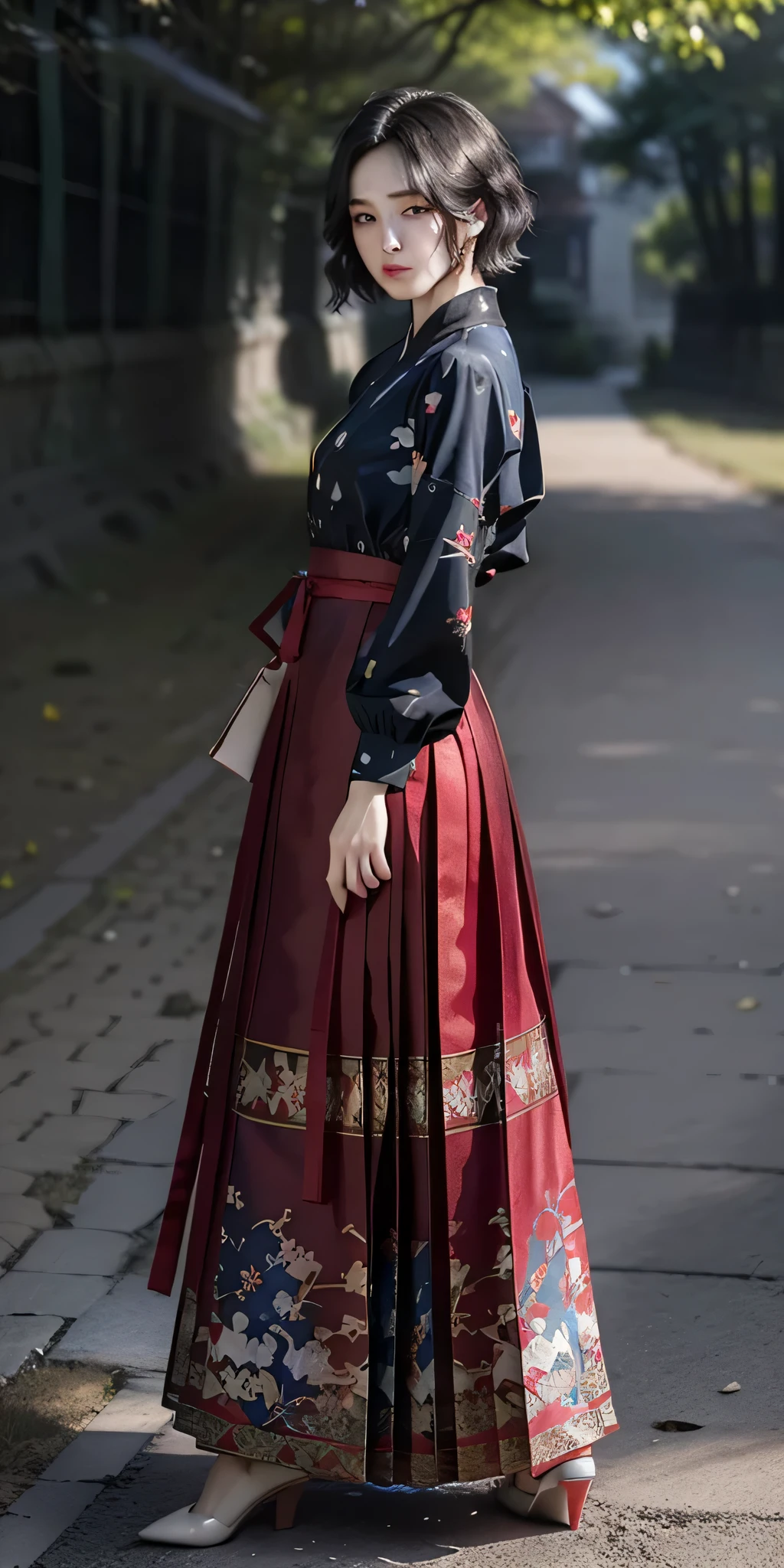 (Long red and dark blue dresses:1.2),(blossom print:1.2),(white long sleeve shirt),1 girl,Full body lesbian, high-heels,(Short hair details:1.1), (actual:1.7),((Best quality)),Ridiculous resources,(超高分辨率),(photoactual:1.6),photoactual,Octagon rendering,(hyperactual:1.2), (photoactual face:1.2), (8K), (4K), (tmasterpiece),(actual skin texture), (lamplight, 电影lamplight,Wallpapers),( pretty eyes:1.2),((((It's a perfect face)))),(Cuanding),(black hair color hair),(Short hair details),黑The eye,Redlip, (Outdoor sports),