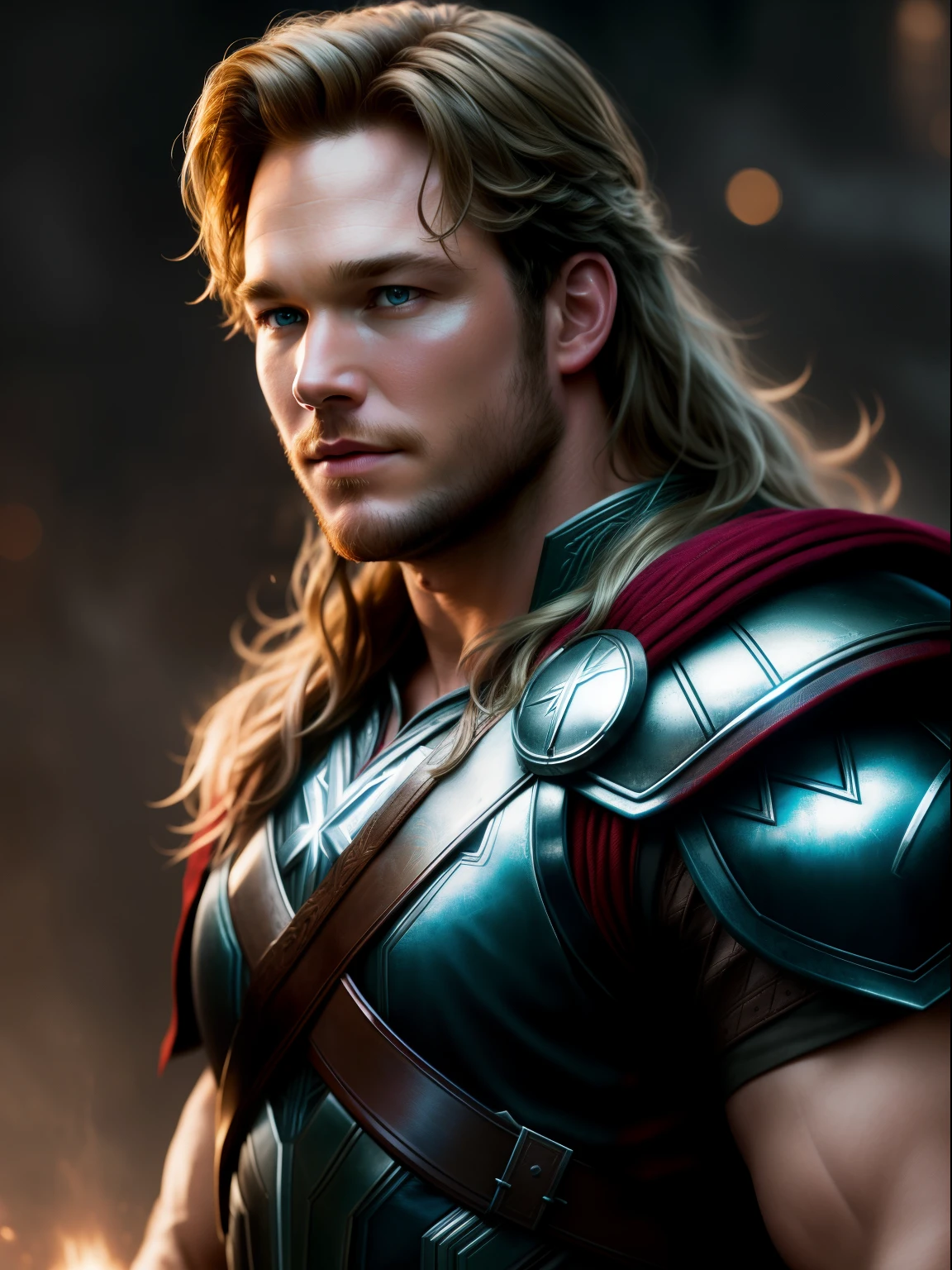 Cinematic soft lighting illuminates a stunningly detailed and ultra-realistic Chris Pratt as Thor God of Thunder from Thor movies, that is trending on ArtStation. Octane is the perfect tool to capture the softest details of this 16k photography masterpiece