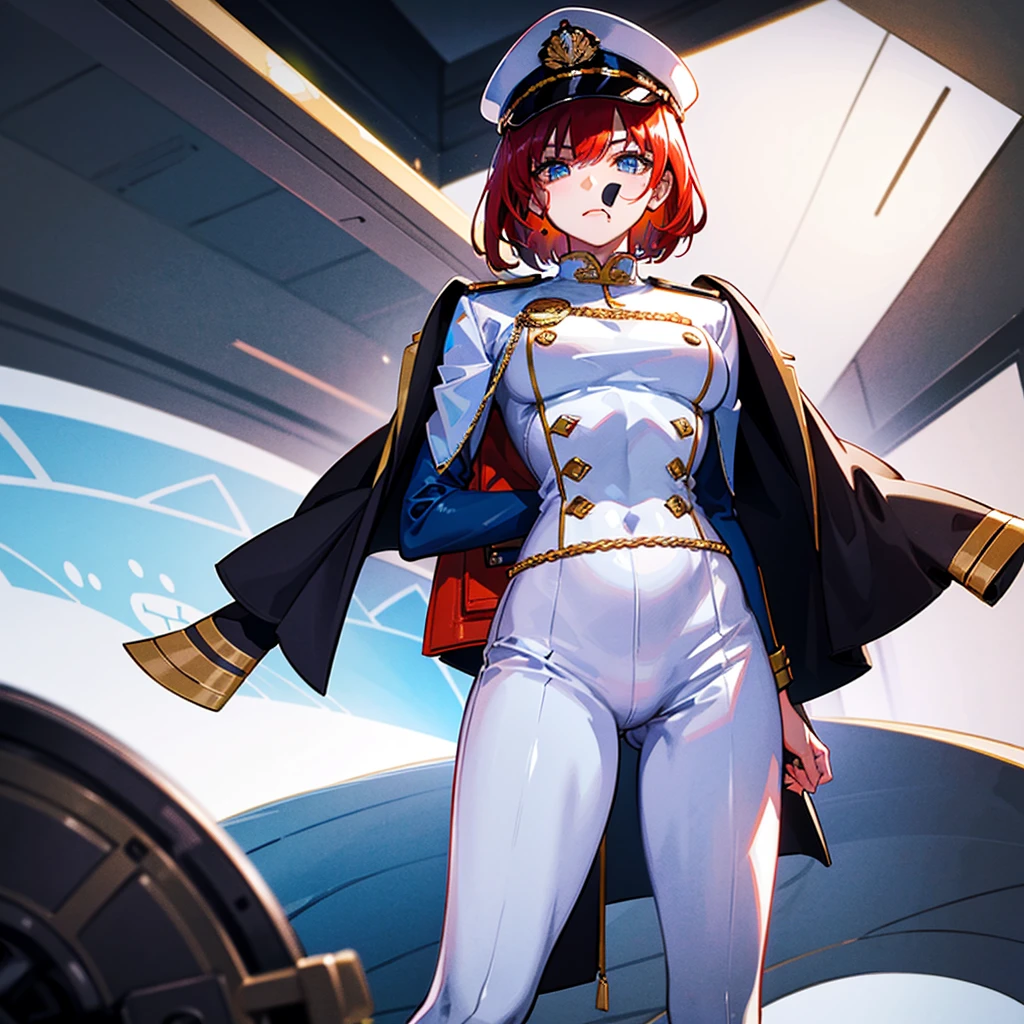 ((Masterpiece)), ((Highest Image Quality)), ((Best Quality)), (Illustration of One Girl), Full Body, 25 Years Old, Neutral, ((Freckles))), Orange Hair Ponytail, Yellow Eyes, (Tall Body)), Big, (Muscular Strong Body)), ((Muscular Strong Body)), (Military Uniform)), (Military Hat)), ((Army Coat)), (White Clothes), (White Pants), (White Hat), Trench Coat, ((Inside the Spacecraft)), (Outside the Window, Space, Earth as seen from space, Spaceport)