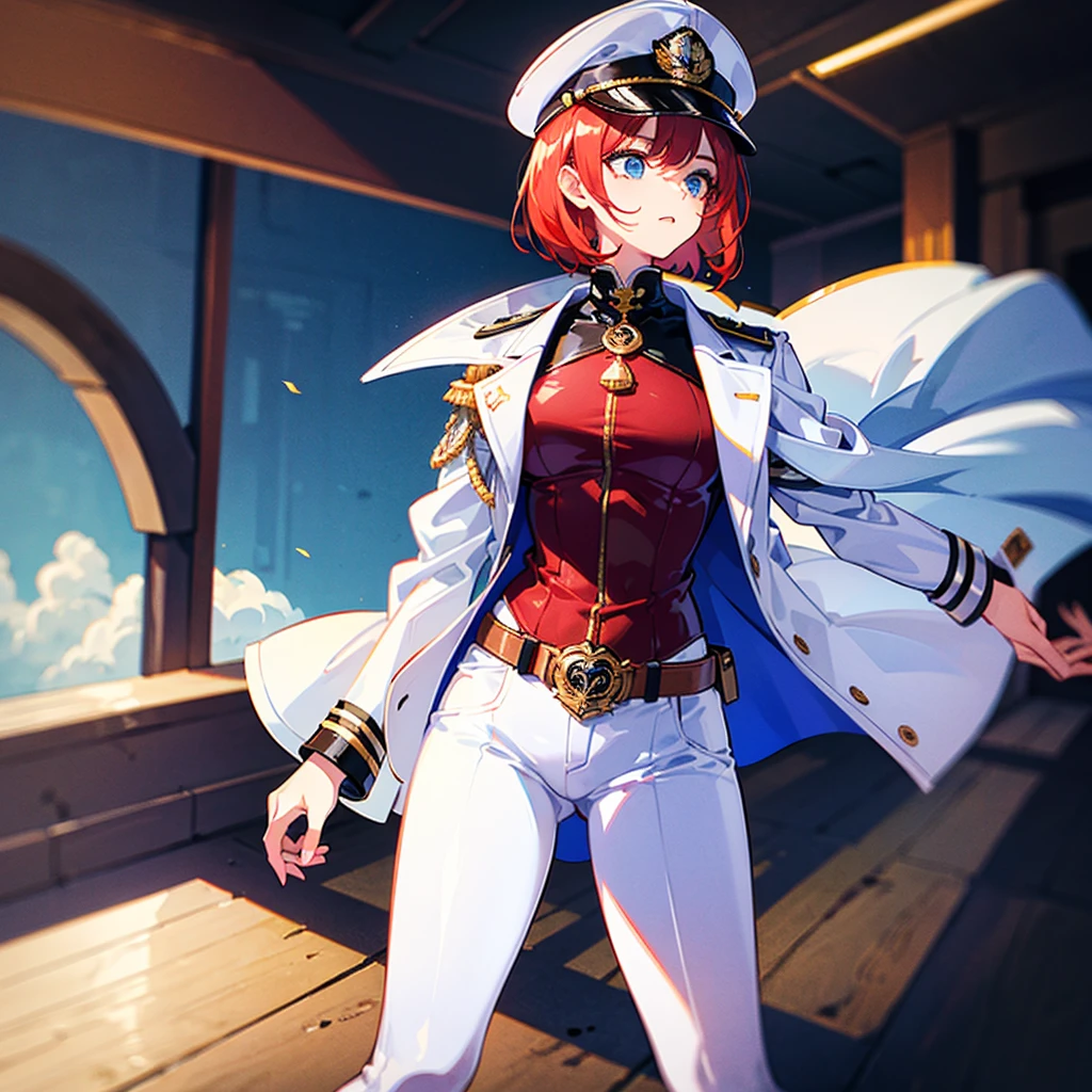 (((masterpiece)))、(((Top image quality)))、(((top-quality)))、(Illustration of one woman)、30-years old、(Viceroy)、((Red-haired shorthair))、(Thin hair hanging down both sides of the face)、Blue eyes、((Tall))、((Muscle Woman、stocky build、muscular legs、broad shoulders、solid chest))、((Military uniforms))、((Military Cap))、((Military coat))、(white clothes)、(White pants)、(White cap)、trench coat、((Inside the spaceship))