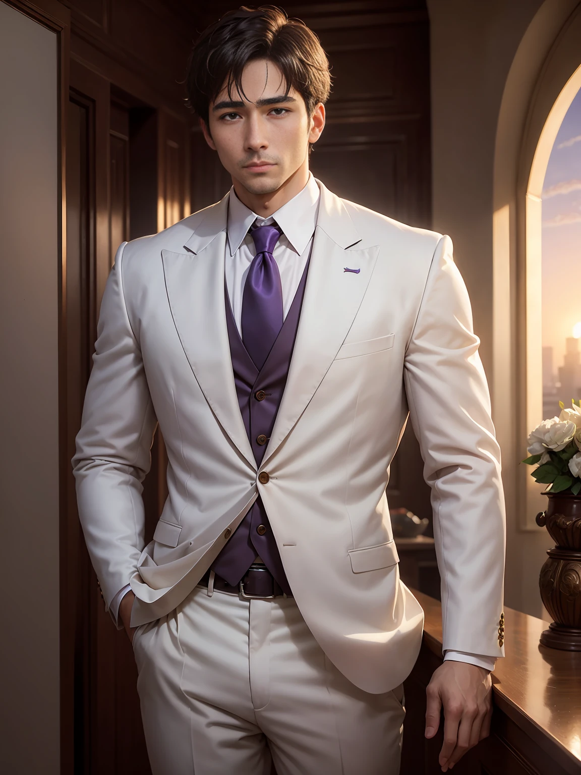 anime.Constantine the Great, Roman Emperor Constantine the Great resurrected in modern times。34 years old。one adult male。Long body。broad shoulder。thick neck。eyes like a lion。Bright and sharp eyes。Looking here。Sincere and kind。Kind and reliable。Deal with it sternly if necessary.。talented and hardworking businessman。successful gentleman。careerist。he is wearing a high quality white suit。dark purple tie。Light purple shirt。forceful。An overwhelming sense of control。romance novel hero。Bold composition。look up to。lyrical。Dramatic。heartful。Romantic。opulent。elegan。elegance。Venice background in the sunset。​masterpiece。top-quality。Super beautiful。The ultra -The high-definition。detaileds。exquisite。