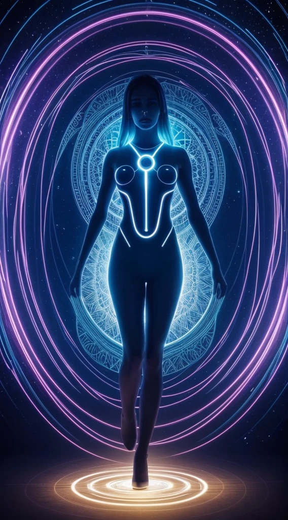 A female figure transcending dimensions, her form partly phasing into a luminous portal, surrounded by geometric patterns of light, her eyes aglow with the secrets of alternate realities.