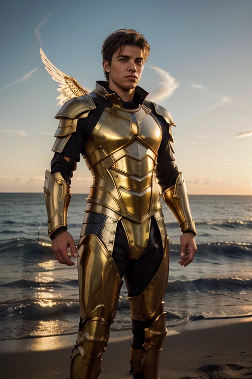 Photography, 20yo young angelic man warrior, at dusk, looking at the horizon, wearing a golden full body armor, beautiful, hansome, lifelike skin texture, skin pores, epic, fantasy, cimatic lighting, warm colors, best quality, high res, detailed