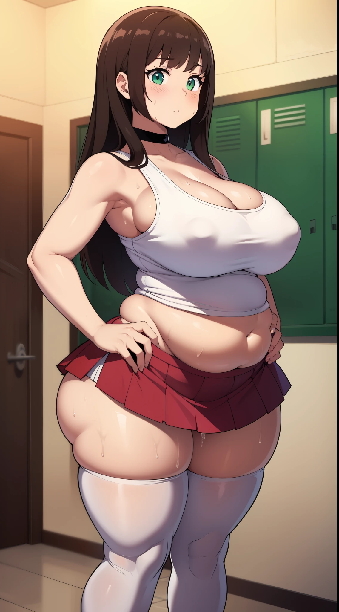 ((Masterpiece)), perfect anatomy, perfect shading, field of depth, (best quality), extremely delicate and beautiful, perfect lighting, detailed face, ultra cute face, cute, (cowboy shot 1.2), looking at viewer, full body, (((1girl))), (((solo))), cheerleader
long hair, fluffy hair, brown hair, green eyes, ((blush))), embarrassed, worried, (cheerleader uniform), (white tank top 1.2), (short section red skirt 1.2), thigh highs, chocker, extremely tight clothes, large breasts, cleavage, perky breasts, (((wide hips))), ((thick thighs)), ((big butt)), ((plump)), chubby belly, fat rolls, belly hang, she has a jiggly belly,
Locker room, intricate background, detailed background, sweaty, out of breath, hands on hip