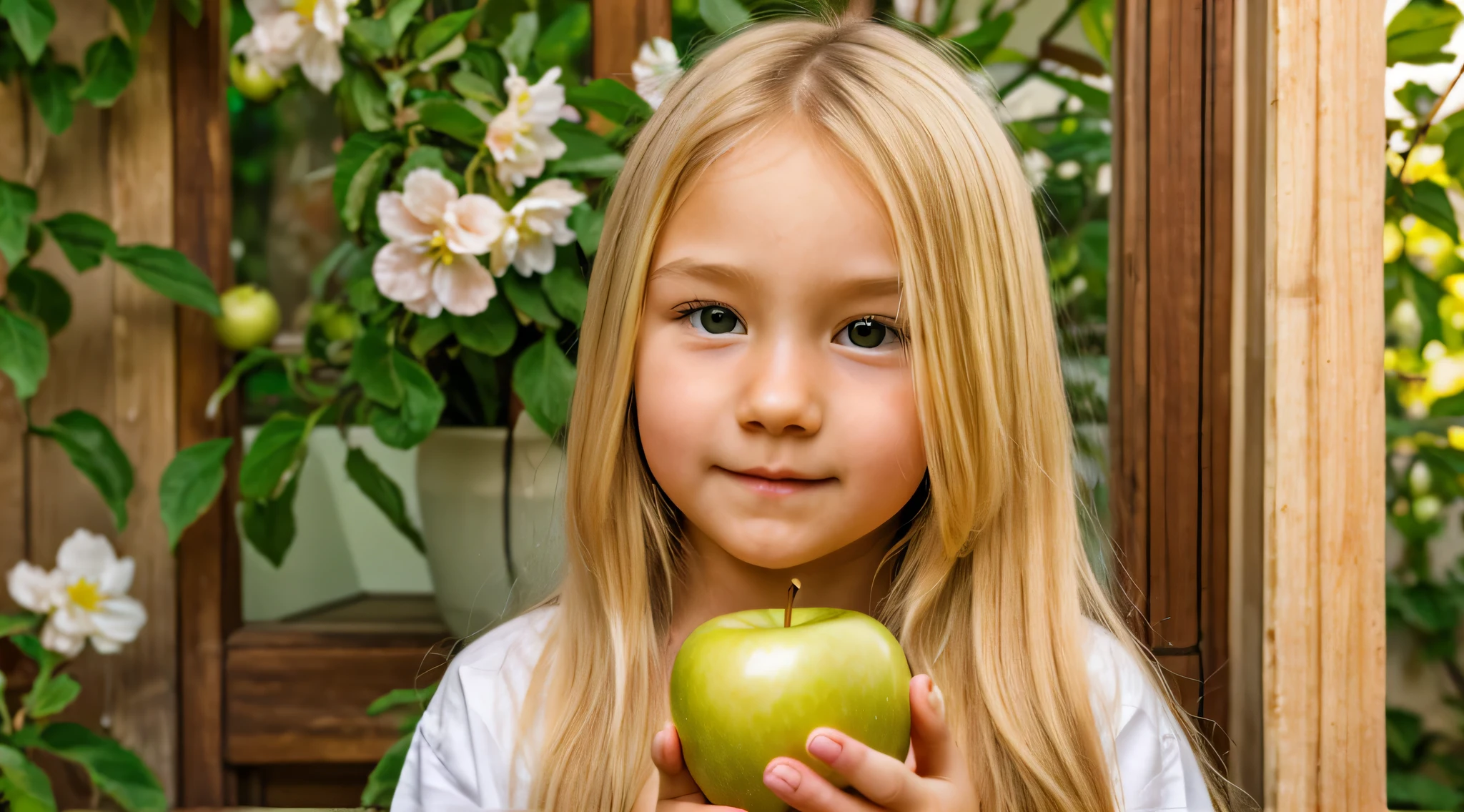 a green apple and flowers in the background, a blonde child with long hair in an apple and smells a butterfly