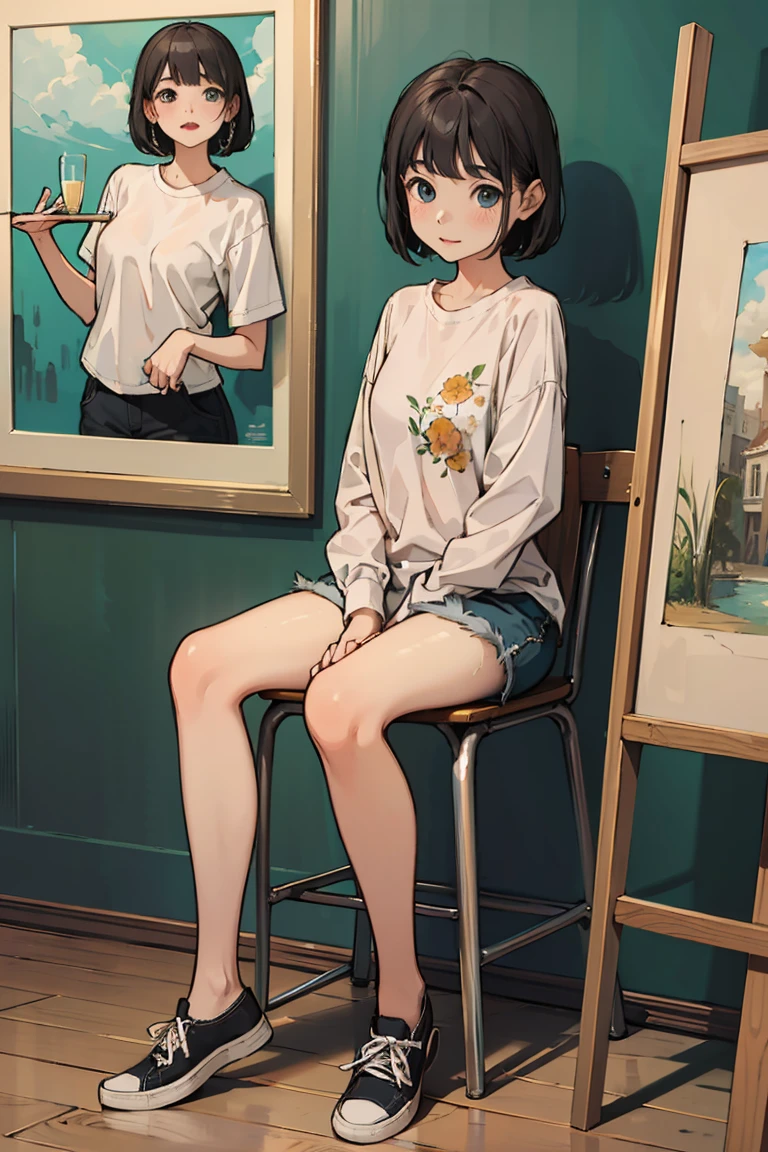 best quality, masterpiece, cutepainting, girl, short hair, shirt, shorts, shoes, grace sitting, full body