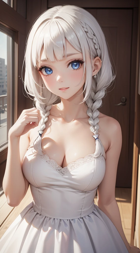 braid, ((short bangs:1.4)), (white hair), evening gown, (best quality:1.3), (highres:1.3), (clear:1.3), (8k:1.3), masterpiece, (detailed:1.1), 1girl, beautiful detailed eyes, beautiful detailed lips, extremely detailed eyes and face, long eyelashes, blue eyes, shy smile, perfect proportion, slender body, face close up,