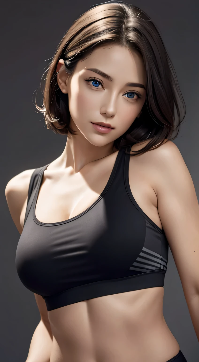 kintite black top:1.2, Looking at Viewer, Cinematic lighting, Perfect, softlight, High resolution skin:1.2, Realistic skin texture, 30 years old mature woman、a small face、no-makeup、off shoulders,Bust B Cup、 Exposed cleavage, Blue eyes, Short hair, dark brown  hair、leggins、Sportsbra、fullnude、Gray background