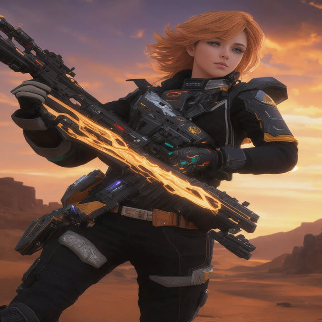 A woman in black clothes holding a gun in the desert, in style of Apex Legends, loba andrade from Apex Legends, wraith from Apex Legends, By Shinkai Makoto ( Apex Legends ), Gripping a sci-fi rifle, portrait of Apex Legends, Apex Legends armor, Apex Legends character, Apex Legends concept art, epic sci-fi character art