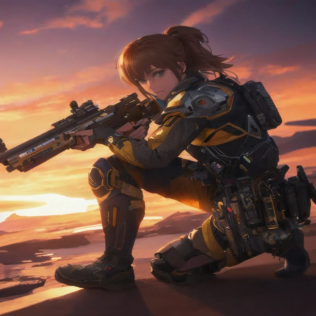 Woman with gun kneeling on the beach at sunset, By Shinkai Makoto ( Apex Legends ), Mechanized soldier girl, best anime 4k konachan wallpaper, epic sci-fi character art, epic sci - fi character art, M4 Sopmod II Girls Frontline, Stunning character art, ultra detailed game art, amazing 8k character concept art