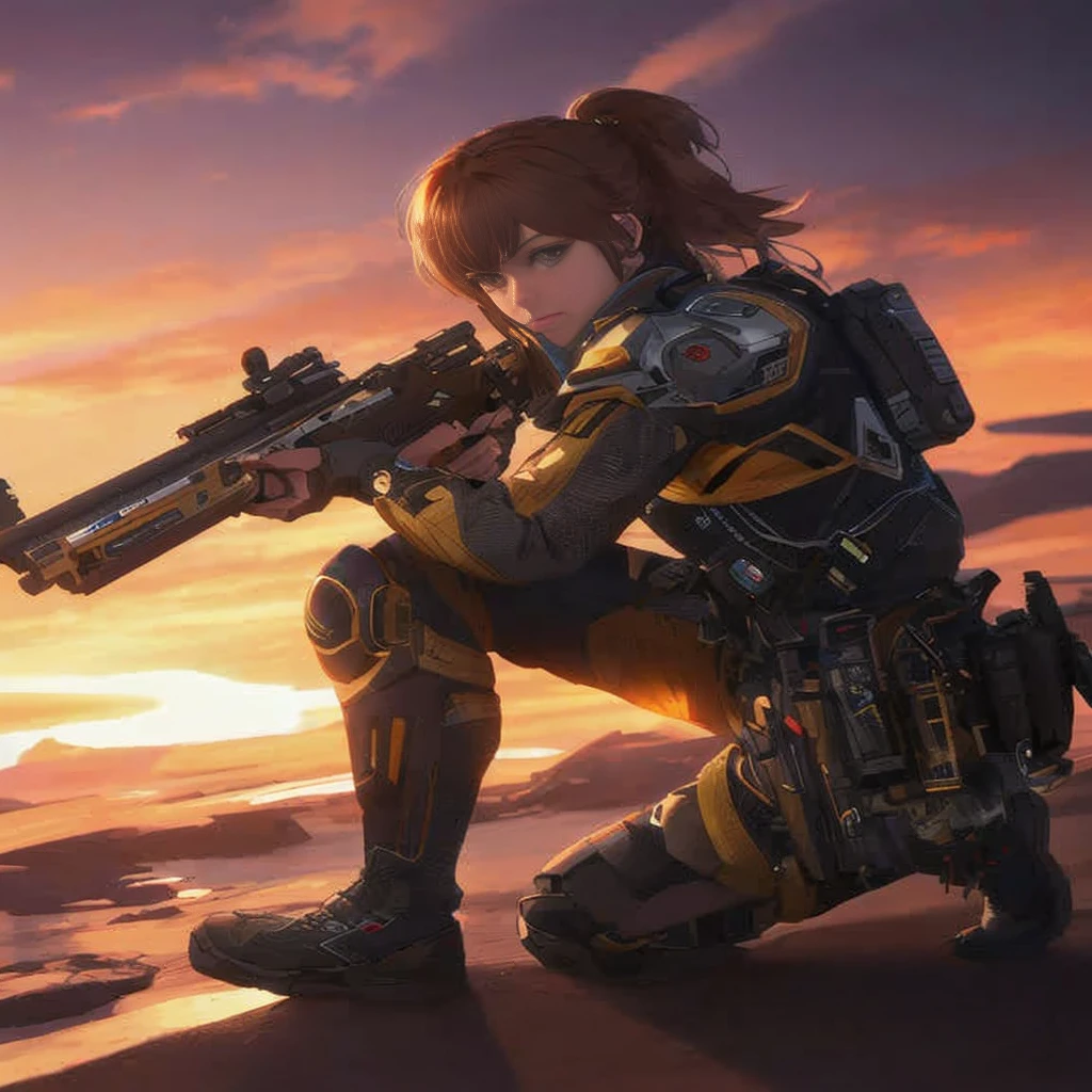 Woman with gun kneeling on the beach at sunset, By Shinkai Makoto ( Apex Legends ), Mechanized soldier girl, best anime 4k konachan wallpaper, epic sci-fi character art, epic sci - fi character art, M4 Sopmod II Girls Frontline, Stunning character art, ultra detailed game art, amazing 8k character concept art