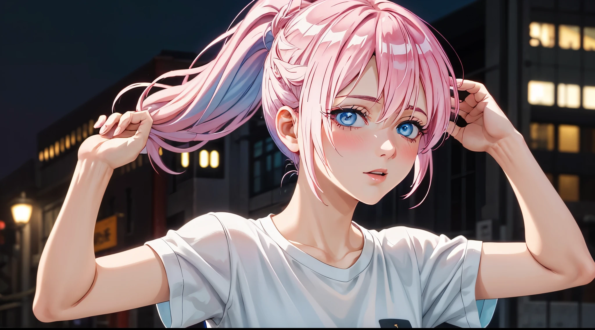 1girl, solo, Shikimori, ribbon, gym uniform, t-shirt, short sleeves ,parody, upper body, pink hair, long hair, high ponytail looking at viewer, highly detailed background, (photo realistic:1.2), detailed eyes, red eyeshadow, depth of field, symmetry eyes, (ulzzang-6500:0.7), upper body, (solo:1.2), (cyberpunk city:1.1), ((young female)), perfect face, beautiful face, colorful, beautiful blue eyes, sexy blush expressions, arms up, raise bangs, hands on own cheeks, hands in hair, normal hands, normal fingers, forehead, collarbone, style parody, good hand,4k, high-res, masterpiece, best quality, head:1.3,((Hasselblad photography)), finely detailed skin, sharp focus, (cinematic lighting), night, soft lighting, dynamic angle, [:(detailed face:1.2):0.2],(((city background))),