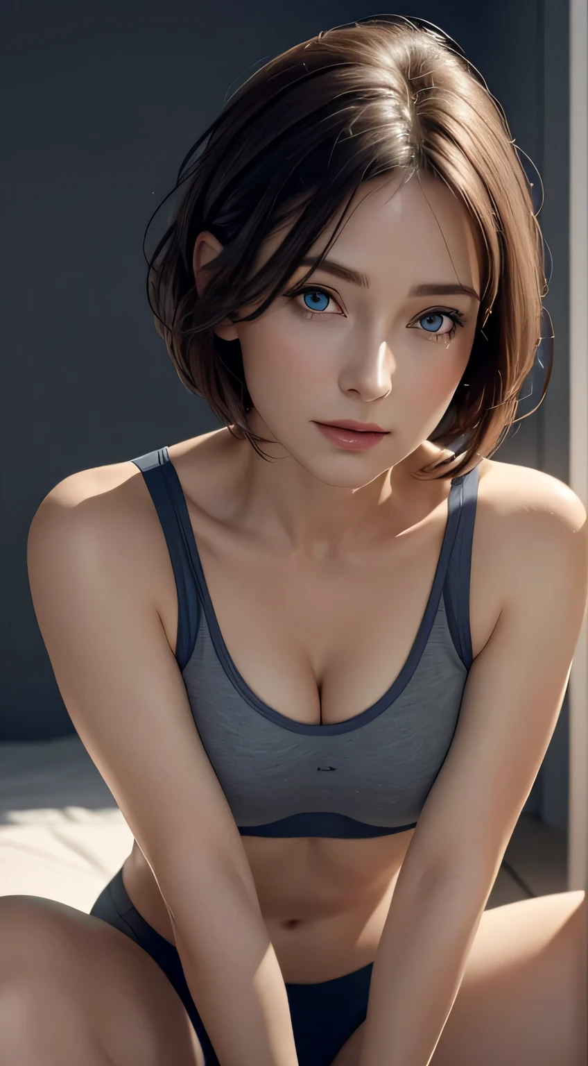 Looking at Viewer, Cinematic lighting, Perfect, softlight, High resolution skin:1.2, Realistic skin texture, 30 years old mature woman、a small face、no-makeup、off shoulders,Bust B Cup、 Exposed cleavage, Blue eyes, Short hair, dark brown  hair、leggins、Sportsbra、fullnude、Gray background