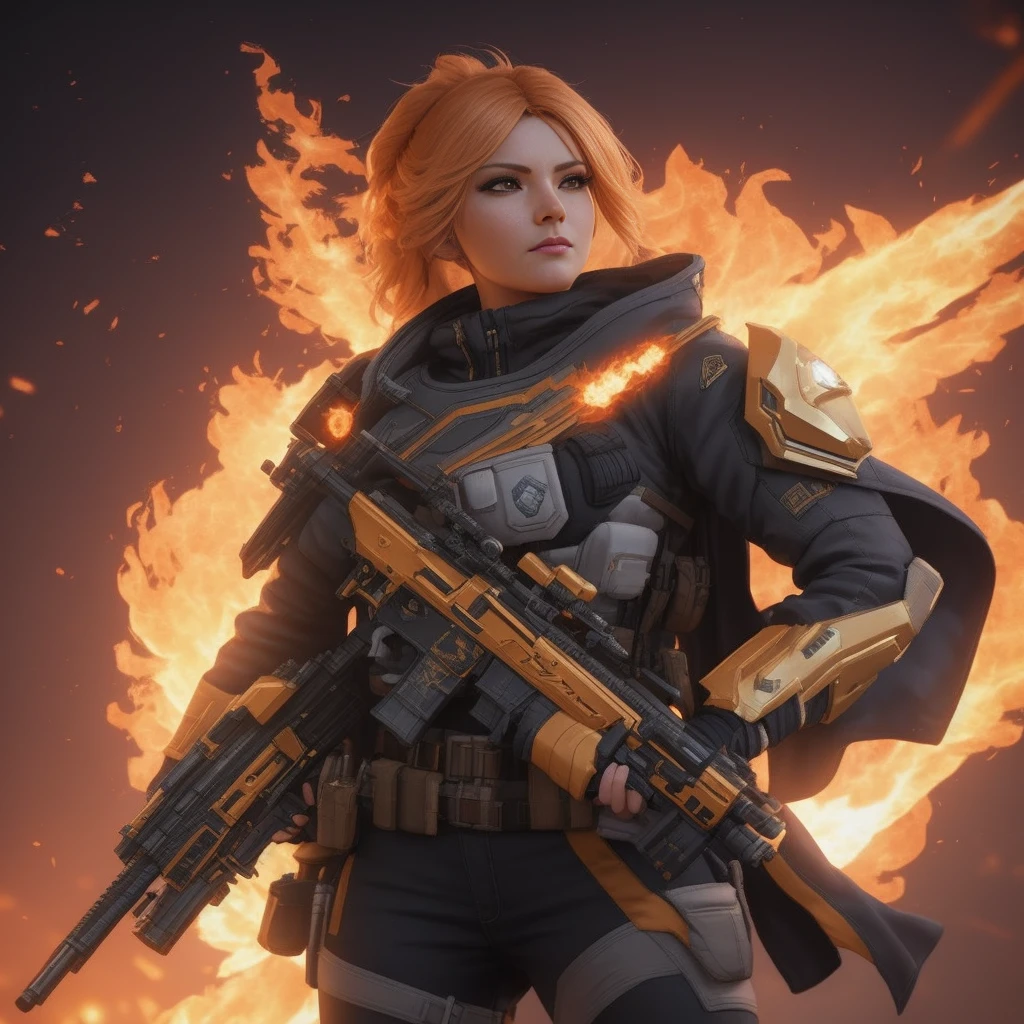 woman with gun and fire in hand, unreal engine render + goddes, unreal engine character art, 3 d render character art 8 k, solar flare unreal engine, unreal 5 engine highlly render, fantasy style 8 k octane render, small character. unreal enginee 5, sci fi female character, epic sci - fi character art