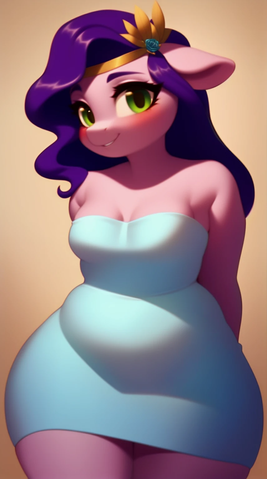 (score_9), (source_pony), (solo), (pegasus), ((anthro young pipp petals :1.1)), (strapless light teal dress), sexy, anxious smile ,floppy ears, blushing, long hair, anatomically correct, night garden, flat chest, half body, anime art style, solo, light purple fur, green eyes, arms behind back, hourglass figure, curvy, plump body, , short, chubby, cute, high res, thick thighs,