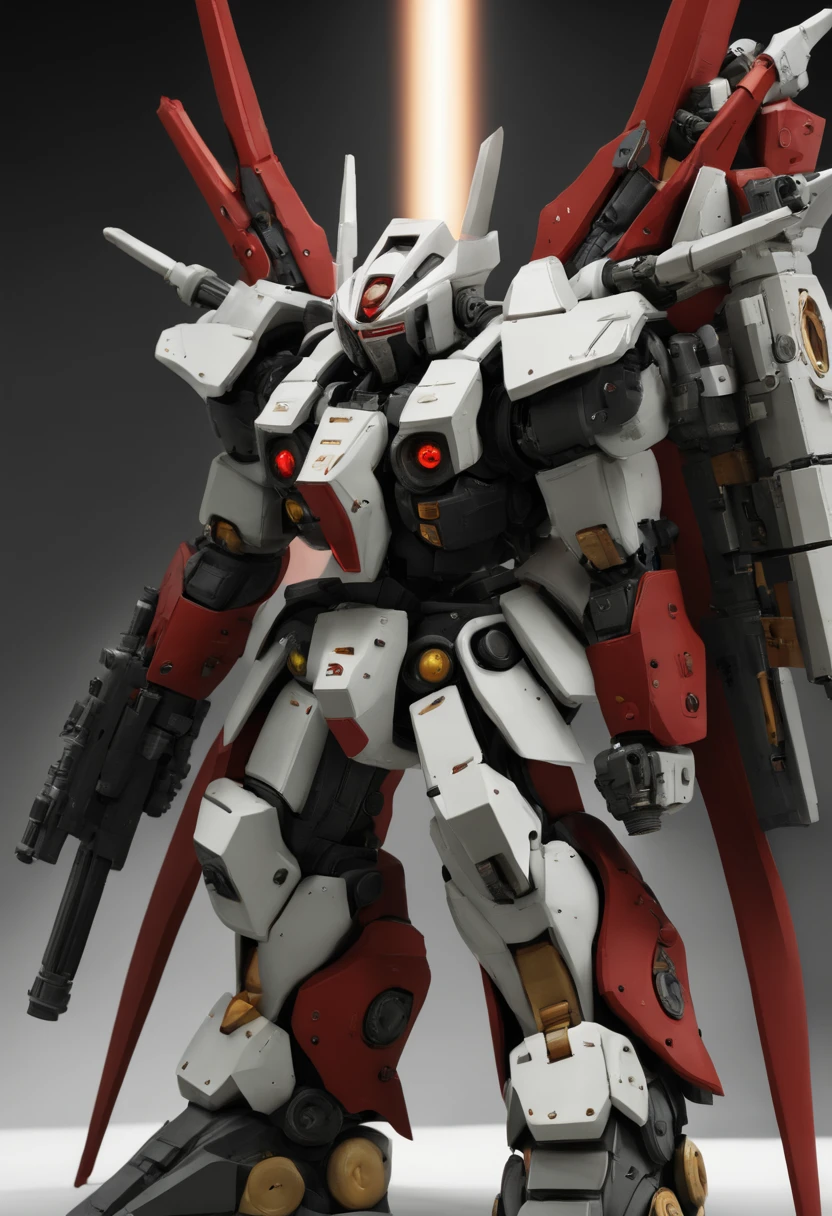 (HRS:1.8), best quality, masterpiece, glowing, (full body:1.2), white and red, mechanical parts, robot joints, (Detailed eye description:1.2), (huge mechanical weapon:1.3), (detailed weapon description:1.2),(huge mechanical gun:1.2), (holding weapon :1.6)