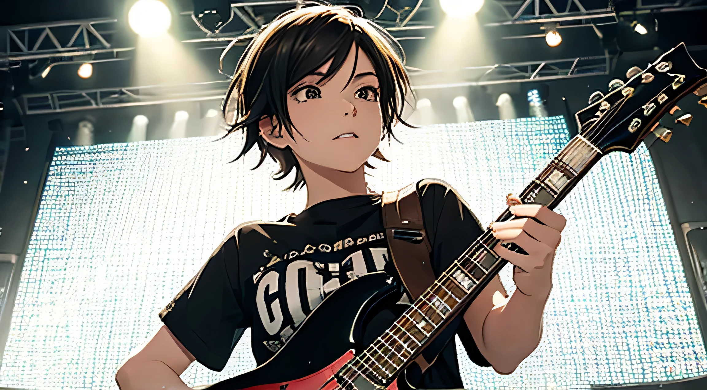 tomboy punk girl holding guitar in concert